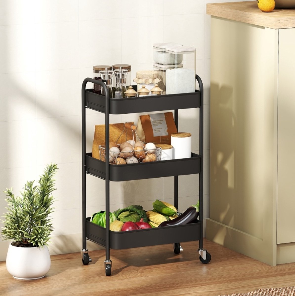 COVREO Rollwagen 45 x 30,6 x 79 cm zwart, staal met 3 lagen en remwielen