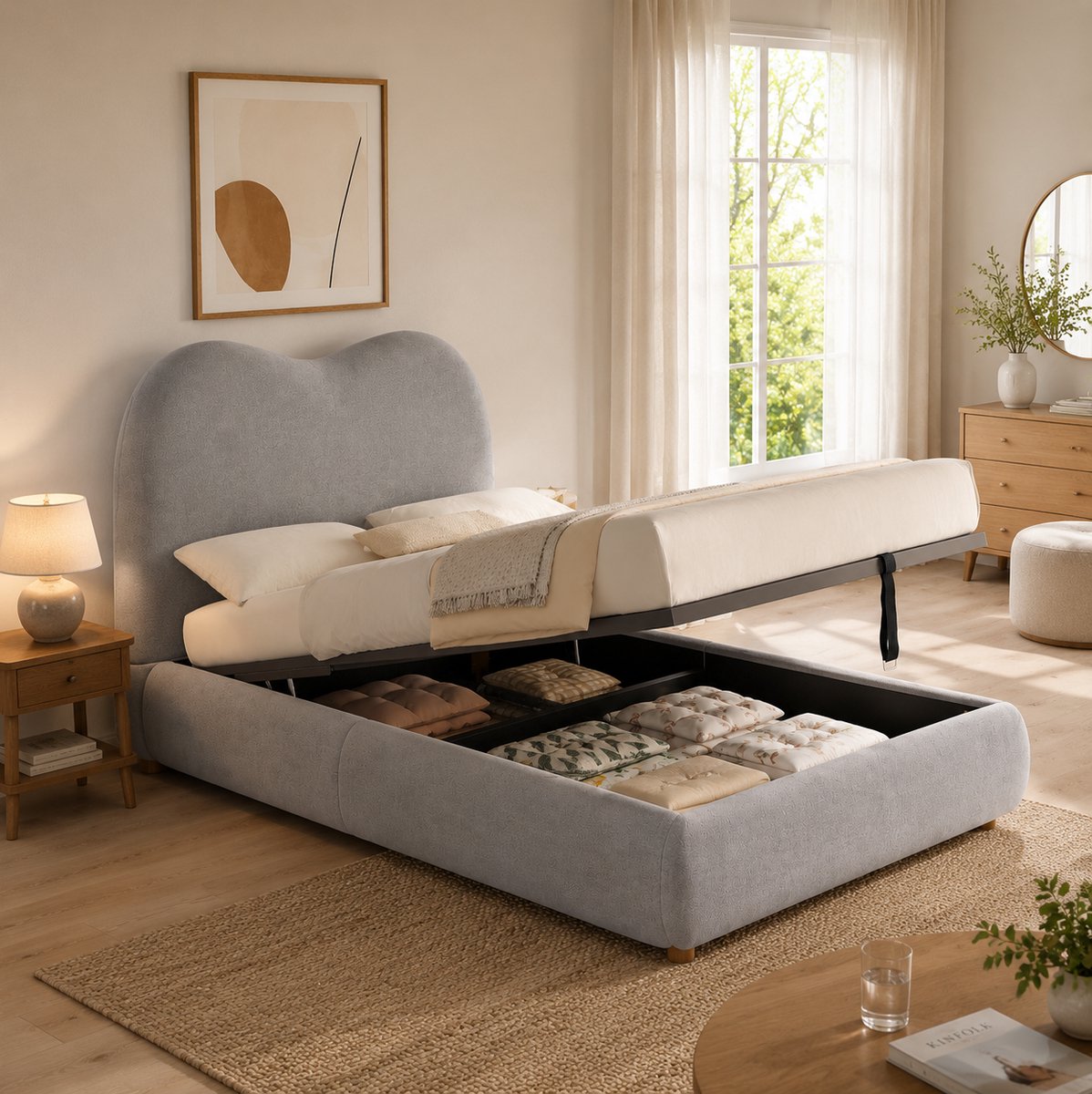 FloraGrace Bed 90 x 200 cm - Kinder Eenpersoonsbed Met Opbergruimte En Lattenbodem - Zacht Gestoffeerd Hoofdbord - Grijs - Zonder Matras