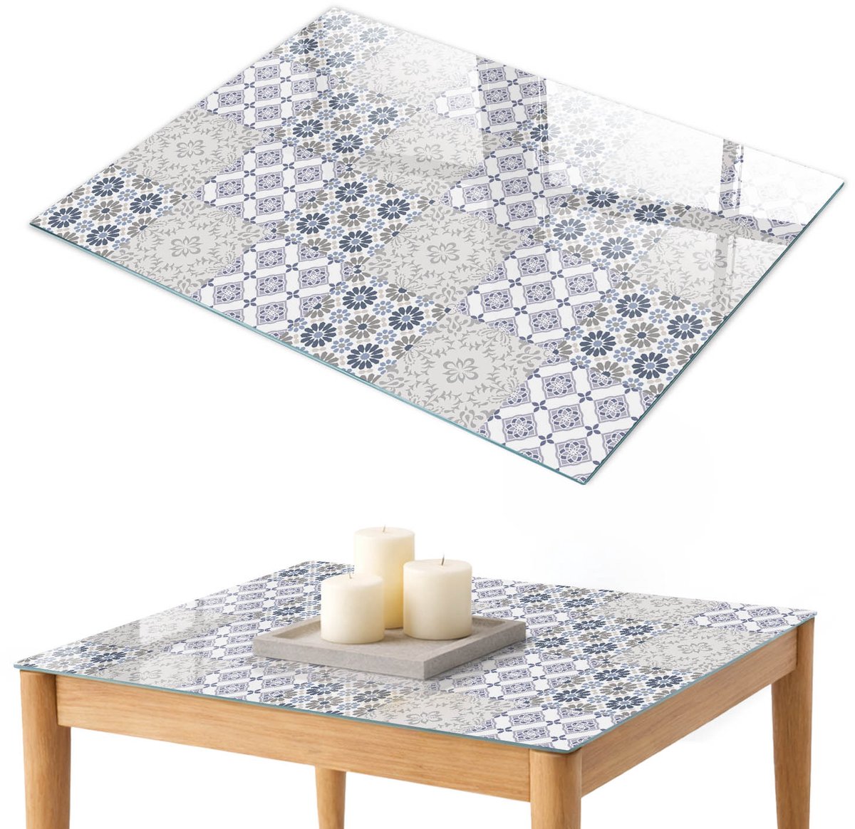 ArtPrintCave Bloemsymmetrie Glazen Tafelblad 100x70 cm - Tafelblad Rechthoek - Grijs Keukentafel - Achtergronden en patronen Eettafel Met Glasplaat