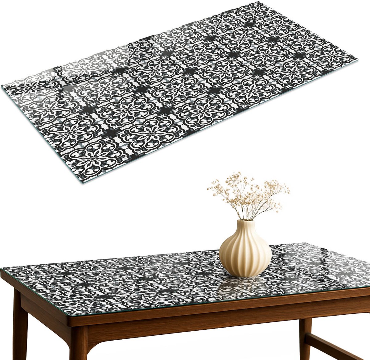ArtPrintCave Tegelpatroon Glazen Tafelblad 120x60 cm - Tafelblad Rechthoek - Zwart Eettafel Met Glasplaat - Achtergronden en patronen Glasplaat