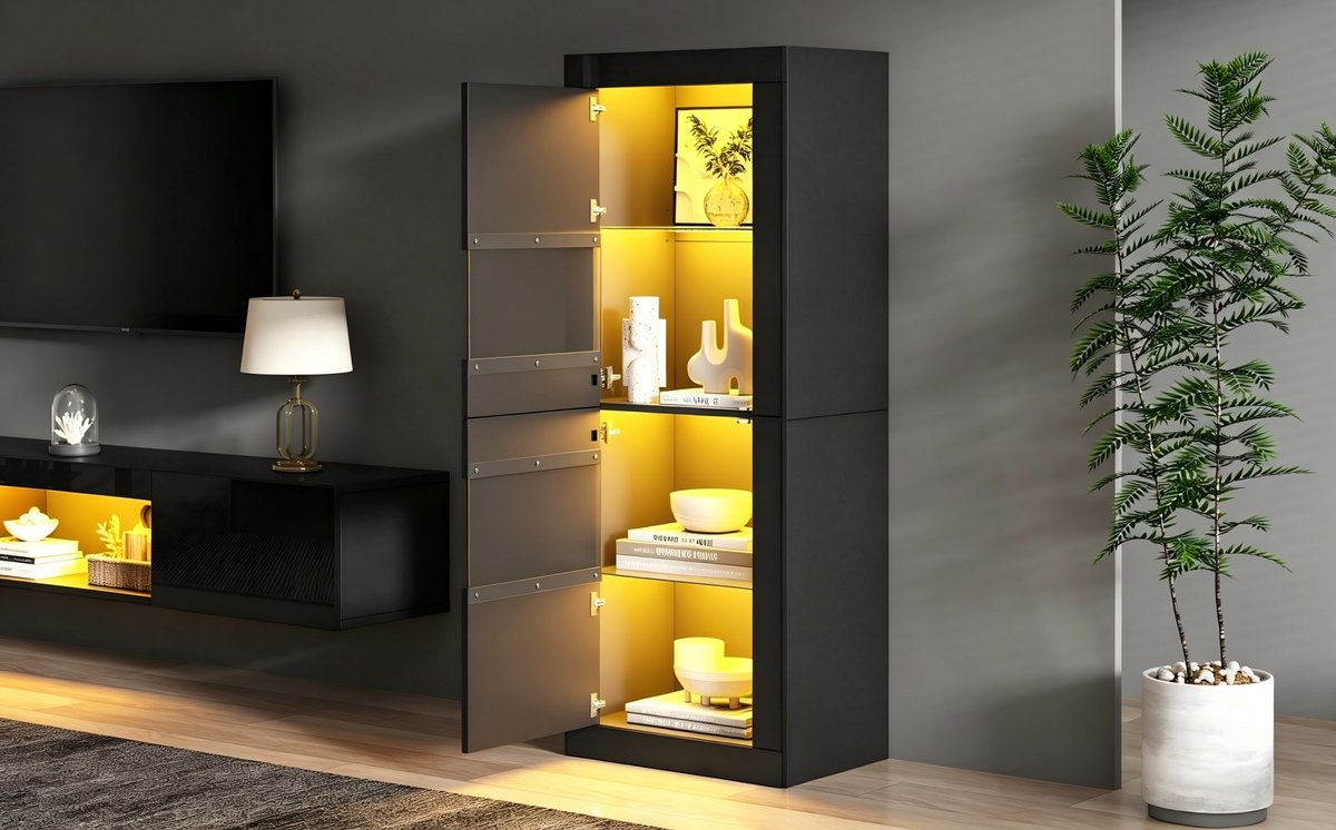 MIVRAY Vitrinekast - LED Verlichting En Verstelbare Glasplanken - Voor Woonkamer En Eetkamer - Spaanplaat Acryl Glas - 61 X 42 X 162 Cm - Zwart