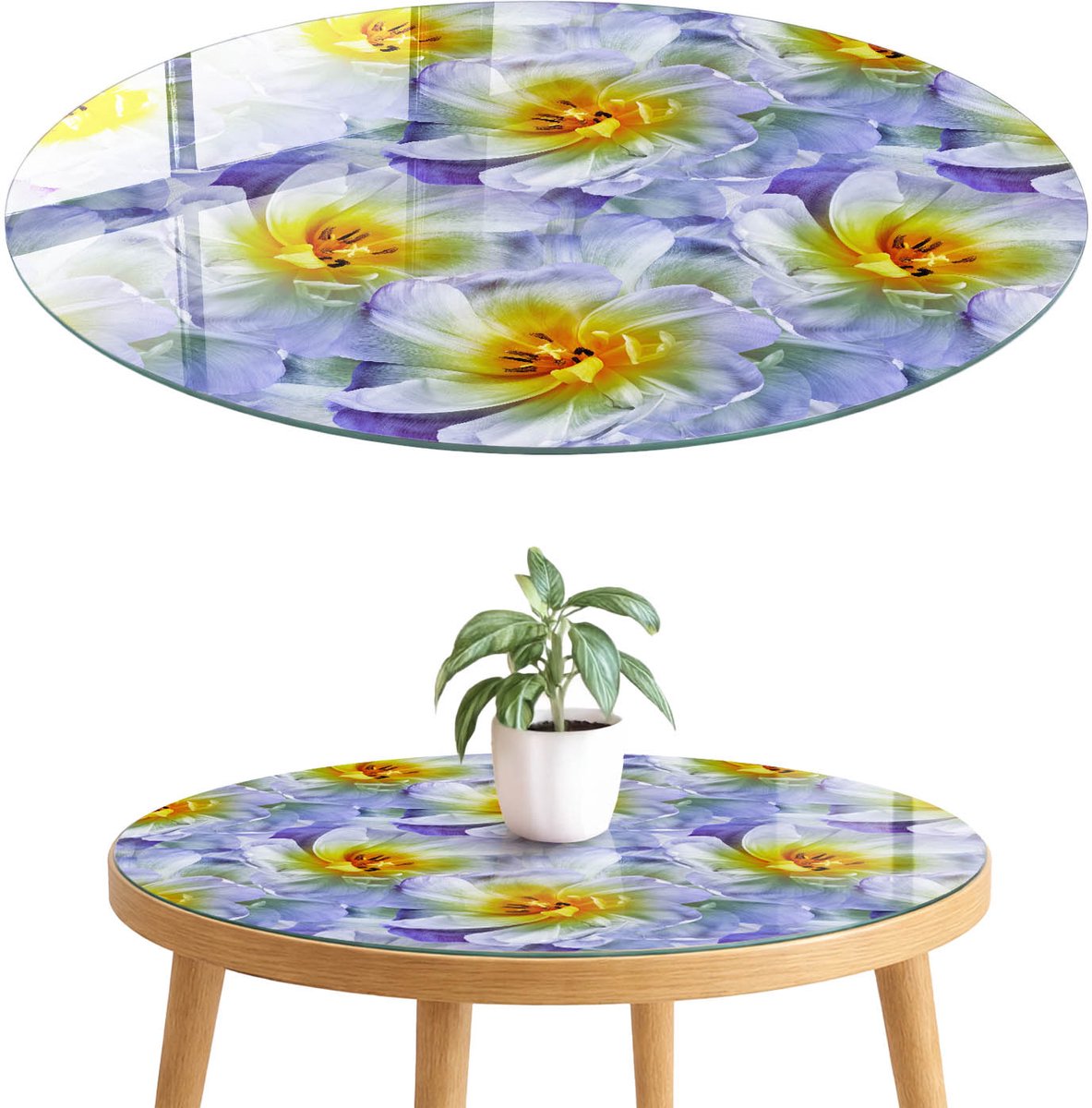 ArtPrintCave Bloemenpatroon Glazen Tafelblad fi70 cm - Tafelblad Rond - Paars Terrastafel - Bloemen en planten Bureaublad