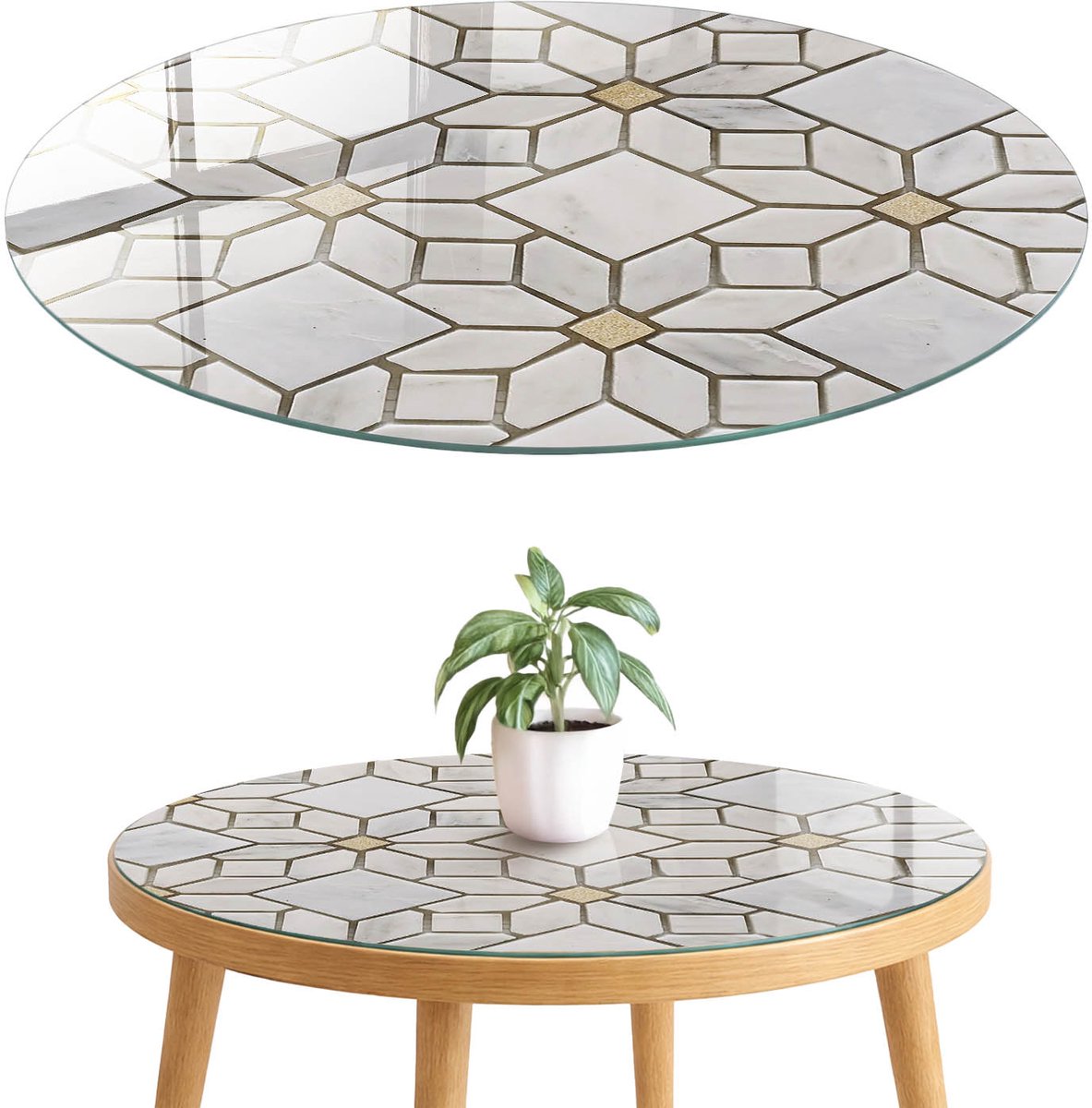 ArtPrintCave Elegant mozaïek Glazen Tafelblad fi70 cm - Tafelblad Rond - Wit Keukentafel - Geometrie Eettafel Met Glasplaat
