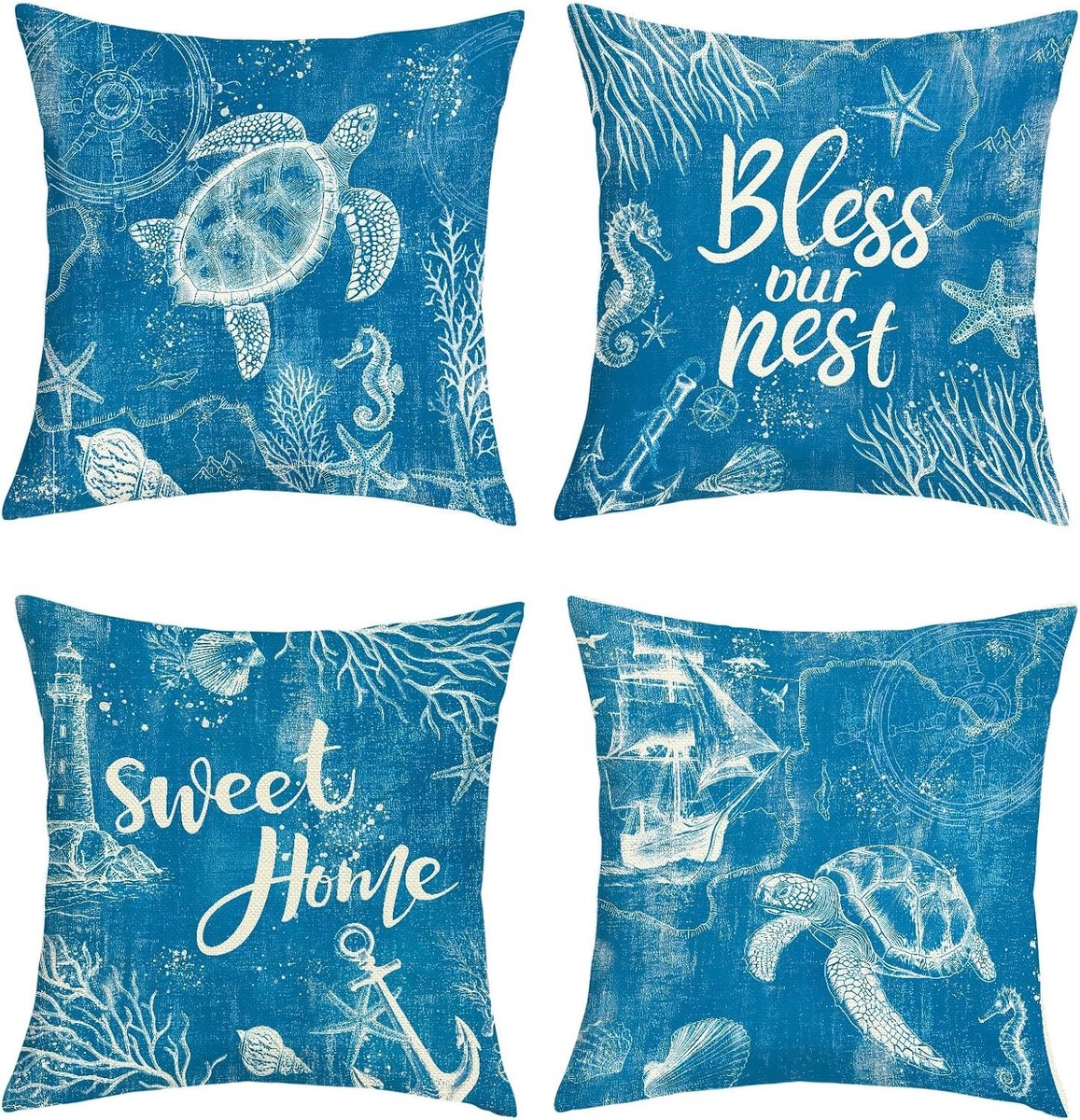 Nautische Kussenhoezen 45x45 cm - 4 Stuks met Zeeschildpad en Ankers voor Decoratieve Bankkussens met Onzichtbare Rits