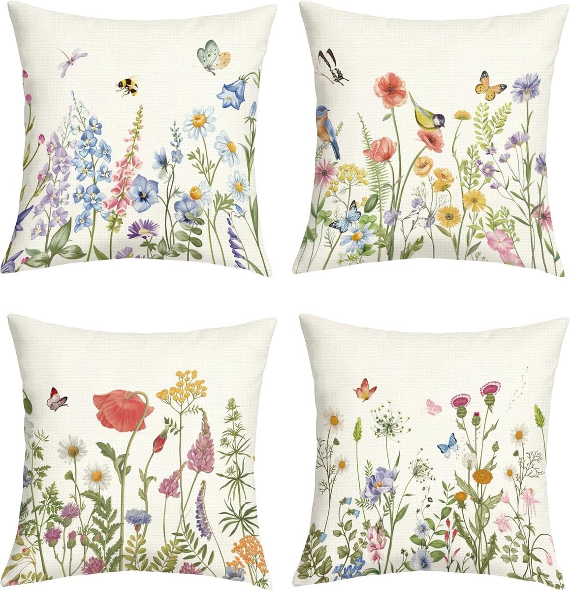 Set van 4 Decoratieve Kussenslopen 45 x 45 cm met Lente Zomer Bloemen en Vlinders voor Bank en Slaapkamer