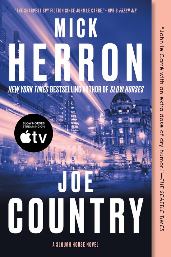 Livre 'Joe Country' par Mick Herron. Couverture avec une vue de la ville la nuit, texte 'Slow Horses streaming on Apple TV'.