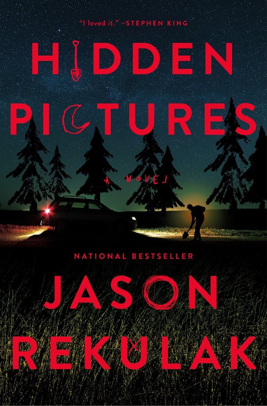 Couverture du livre 'Hidden Pictures' montrant une scène nocturne, une voiture et une personne creusant.