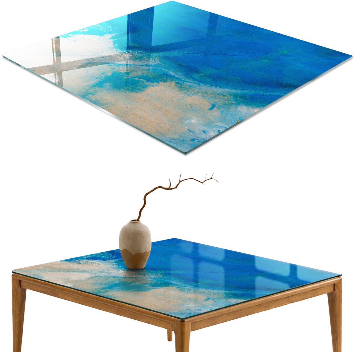 ArtPrintCave Oceaandiepten Glazen Tafelblad - 50x50 cm - Tafelblad Vierkanten - Blauw Glazen Eettafel - Abstractie Tafelblad Glas