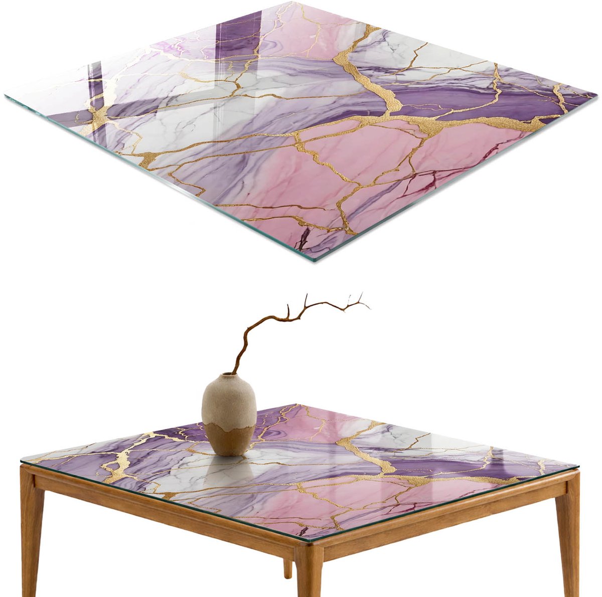 ArtPrintCave Paarse marmer Glazen Tafelblad 60x60 cm - Tafelblad Rechthoek - Paars Terrastafel - Abstractie Keukentafel