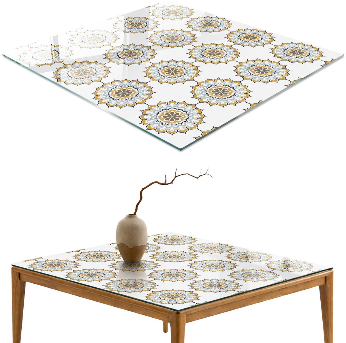 ArtPrintCave Geometrische bloemen Glazen Tafelblad - 50x50 cm - Tafelblad Vierkanten - Wit Glazen Eettafel - Achtergronden en patronen Terrastafel