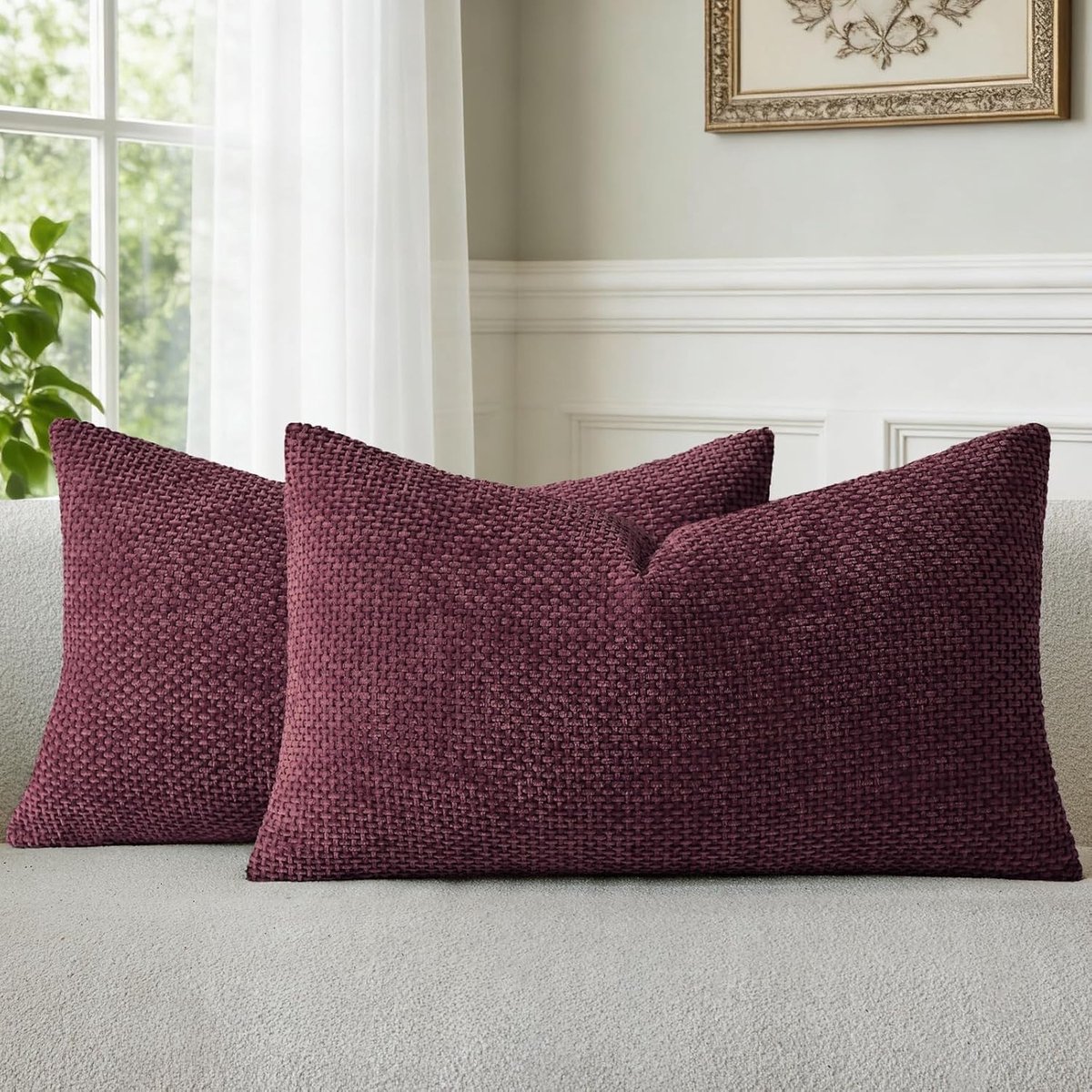 Chique Chenille Kussenhoezen in Wijnrood 30 x 50 cm Set van 2, Zachte Fluffy Kussenslopen voor Woonkamer en Slaapkamer, Wasbaar en Met Verborgen Ritssluiting