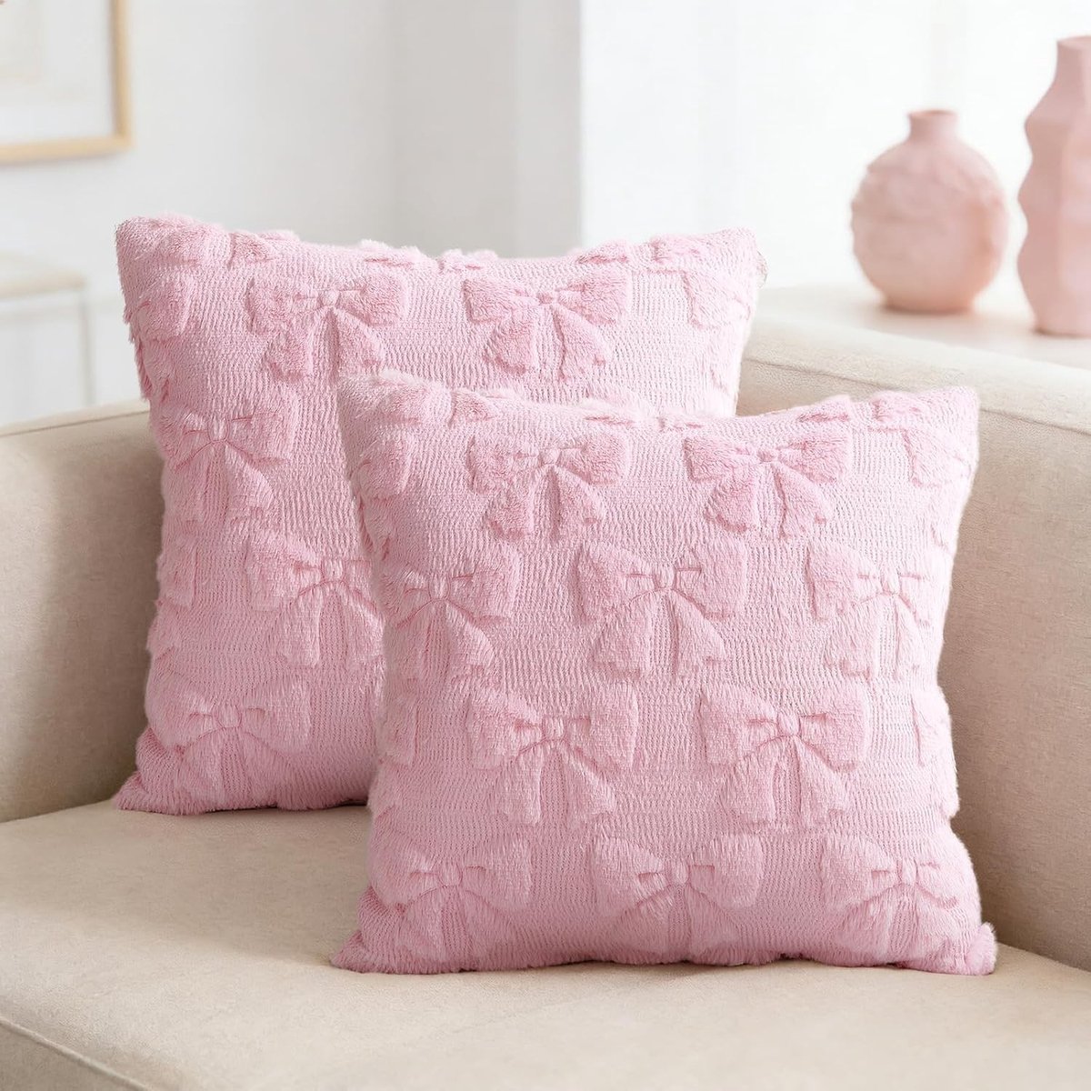 Zachte Roze Kussenhoezen 45x45 cm - Set van 2 Decoratieve Kussens met Onzichtbare Rits voor Sofa en Stoelen, Pluche Faux Bont