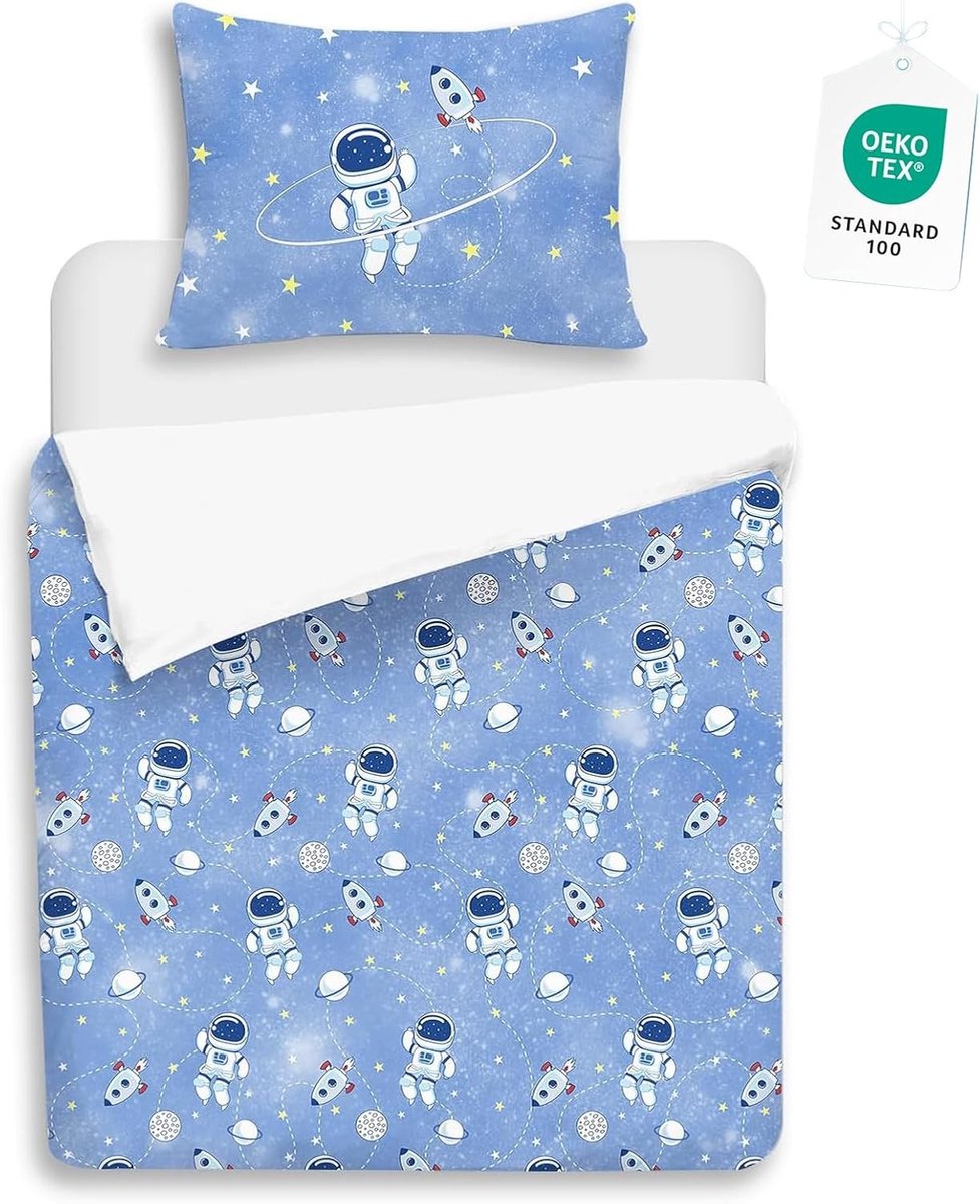 Beddengoed voor Kinderen 120 x 150 cm Blauw Ruimte Thema met Raket en Astronauten - 2-delige Microfiber Set voor Jongens en Meisjes