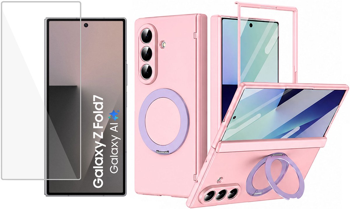 Hoesje met Ringhouder + Screenprotector geschikt voor Samsung Galaxy Z Fold 8 Ultra – Geschikt voor MagSafe – Draaibare Kickstand – Draadloos Opladen – Roze