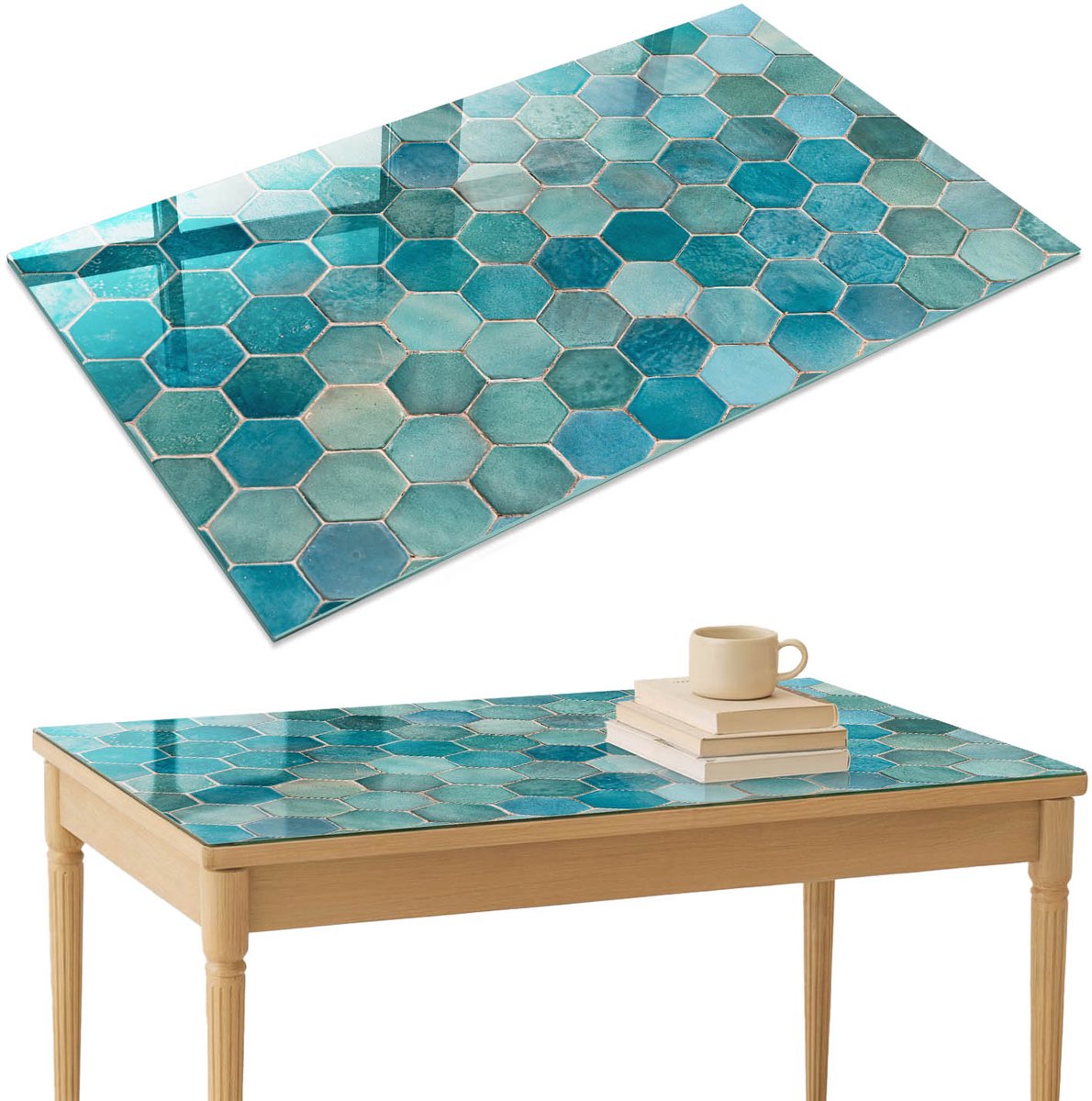 ArtPrintCave Turkooizen tegels Glazen Tafelblad 120x80 cm - Tafelblad Rechthoek - Turkoois Keukentafel - Achtergronden en patronen Keukentafel