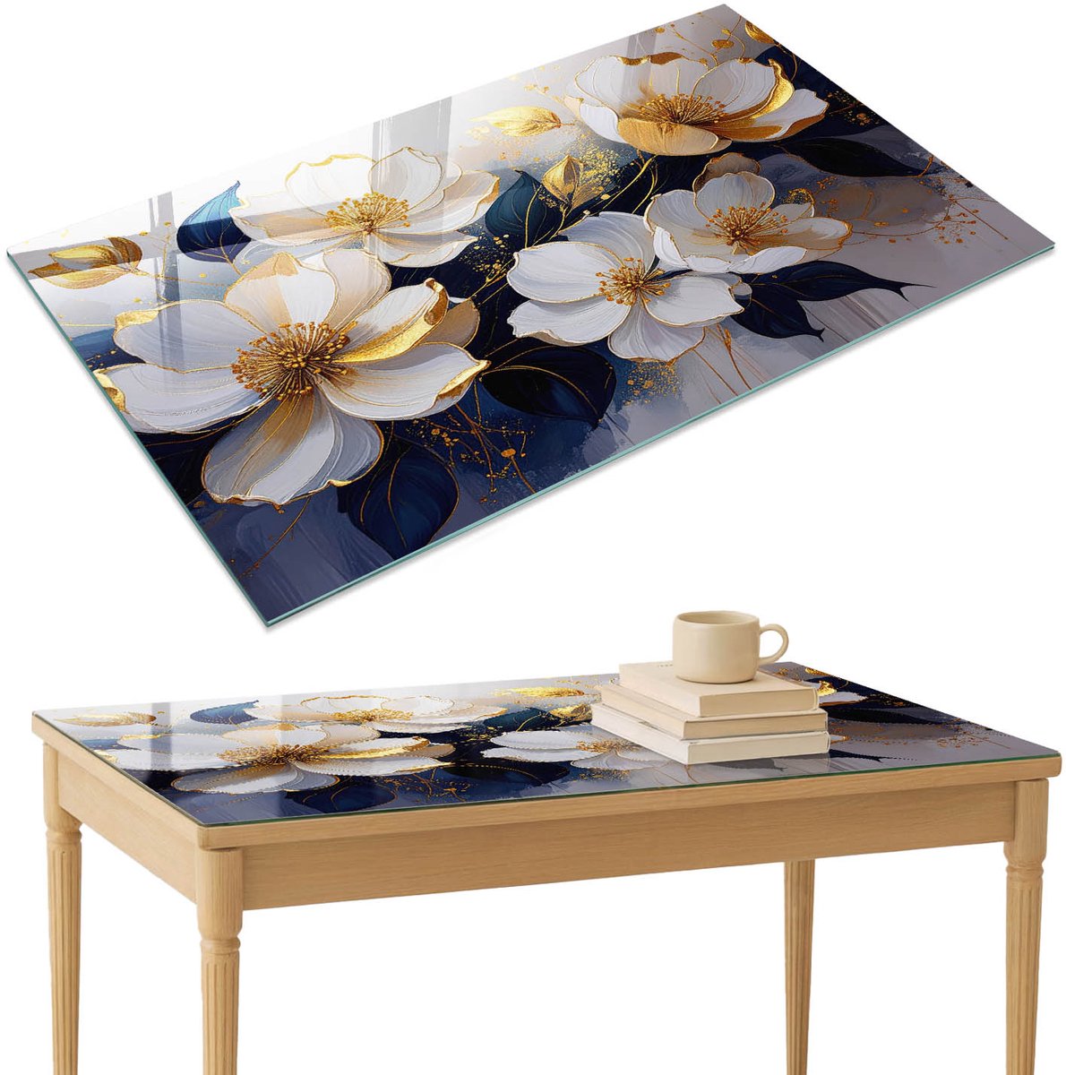 ArtPrintCave Bloemige elegantie Glazen Tafelblad 120x80 cm - Tafelblad Rechthoek - Wit Eettafel Met Glasplaat - Bloemen en planten Glasplaat