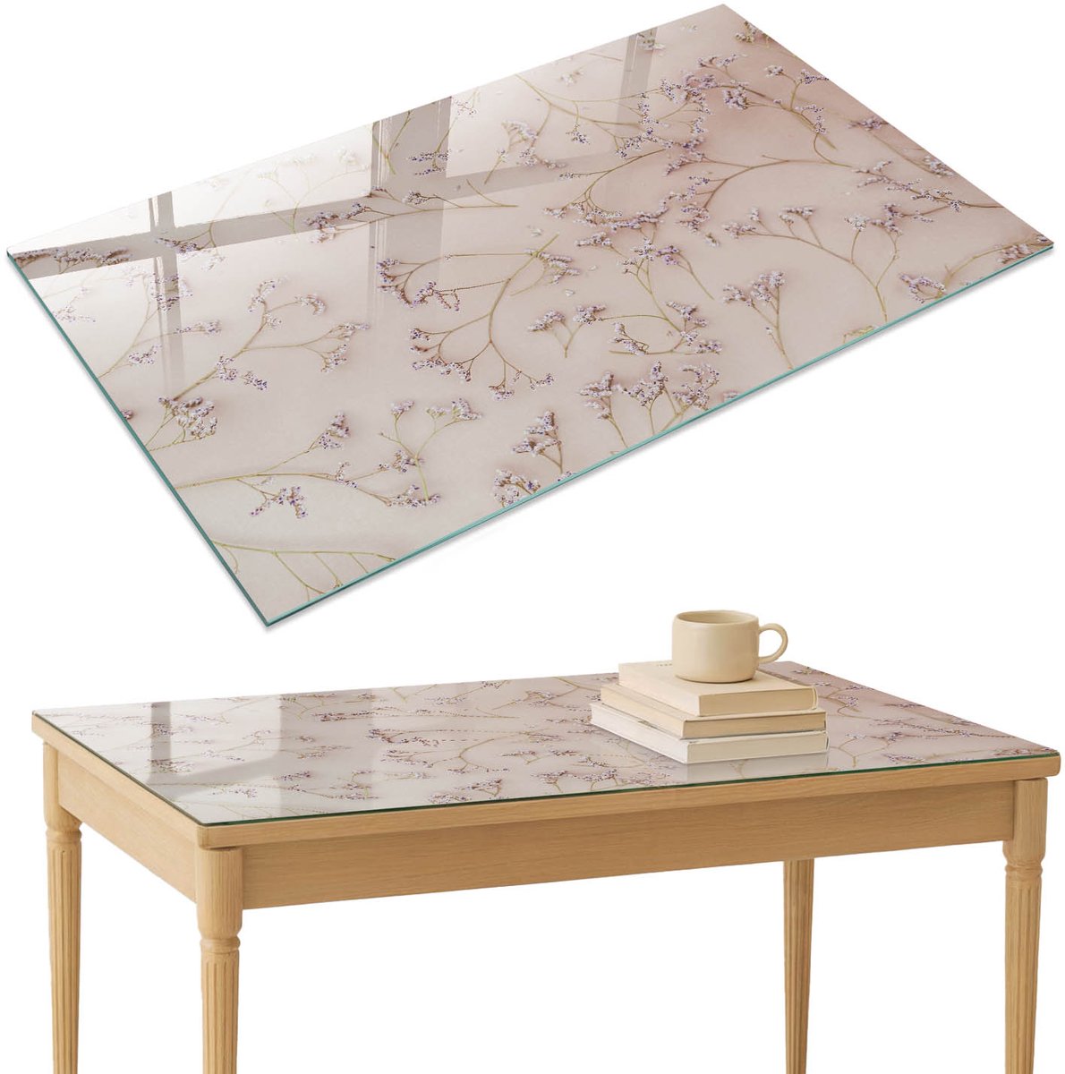ArtPrintCave Bloemenpatroon Glazen Tafelblad 120x80 cm - Tafelblad Rechthoek - Romig Eettafel Met Glasplaat - Bloemen en planten Tafelblad Glas