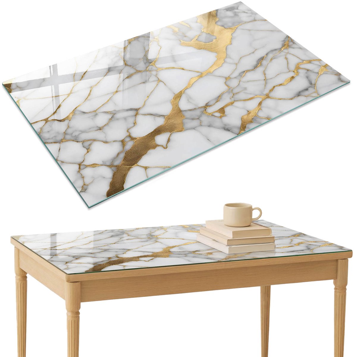 ArtPrintCave Luxe marmer Glazen Tafelblad 120x80 cm - Tafelblad Rechthoek - Wit Keukentafel - Texturen Terrastafel