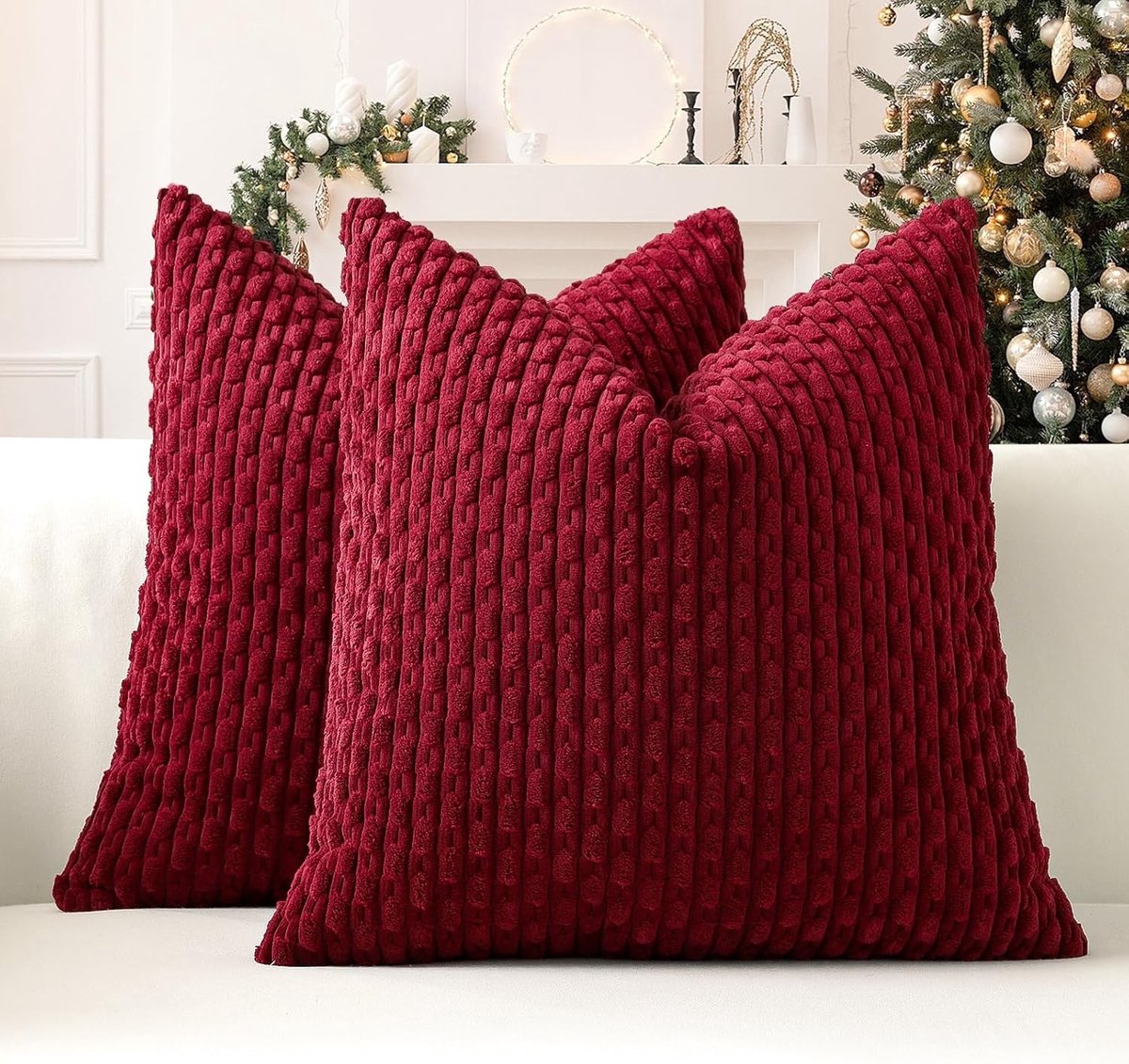 Set van 2 Wijnrode Zachte Corduroy Decoratieve Kussenhoezen met Boho Strepen voor Bank en Woonkamer - 16x16 Inch Kussens voor Landelijke Interieurdecoratie