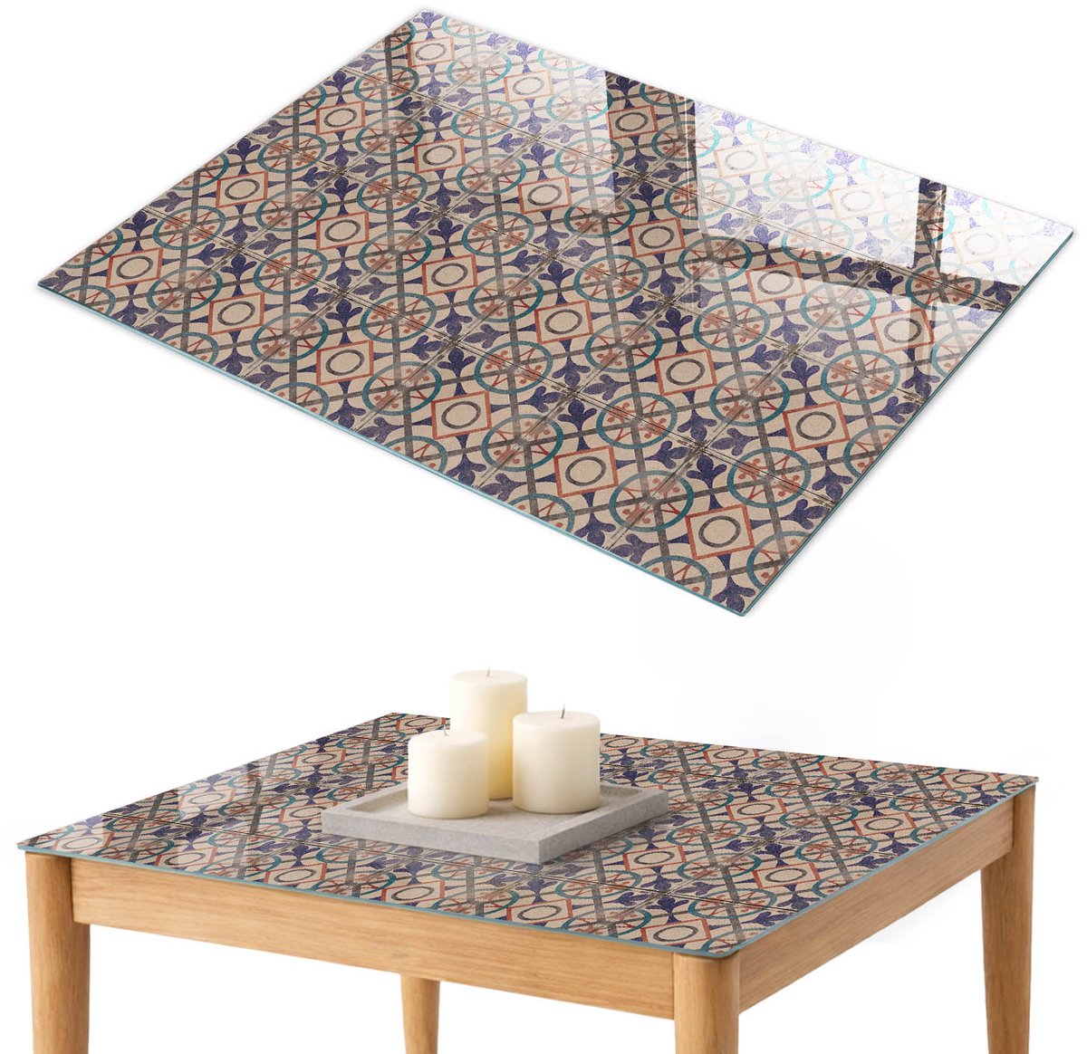 ArtPrintCave Geometrische tegels Glazen Tafelblad 100x70 cm - Tafelblad Rechthoek - Paars Keukentafel - Achtergronden en patronen Terrastafel