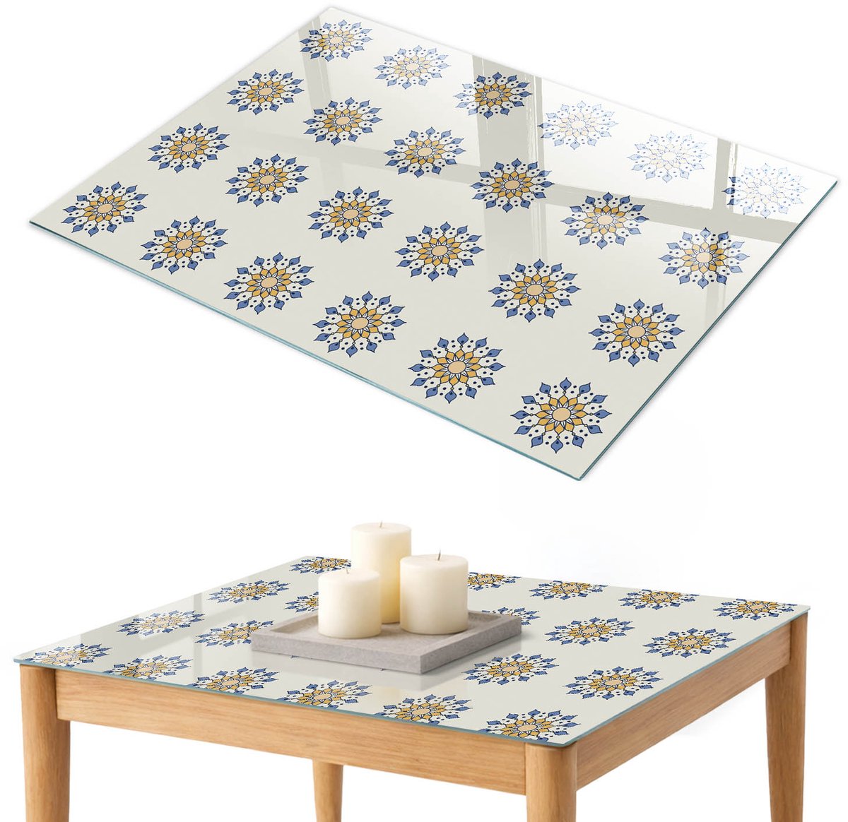ArtPrintCave Symmetrische mandala's Glazen Tafelblad 100x70 cm - Tafelblad Rechthoek - Beige Tafelblad Glas - Achtergronden en patronen Tafelblad Glas
