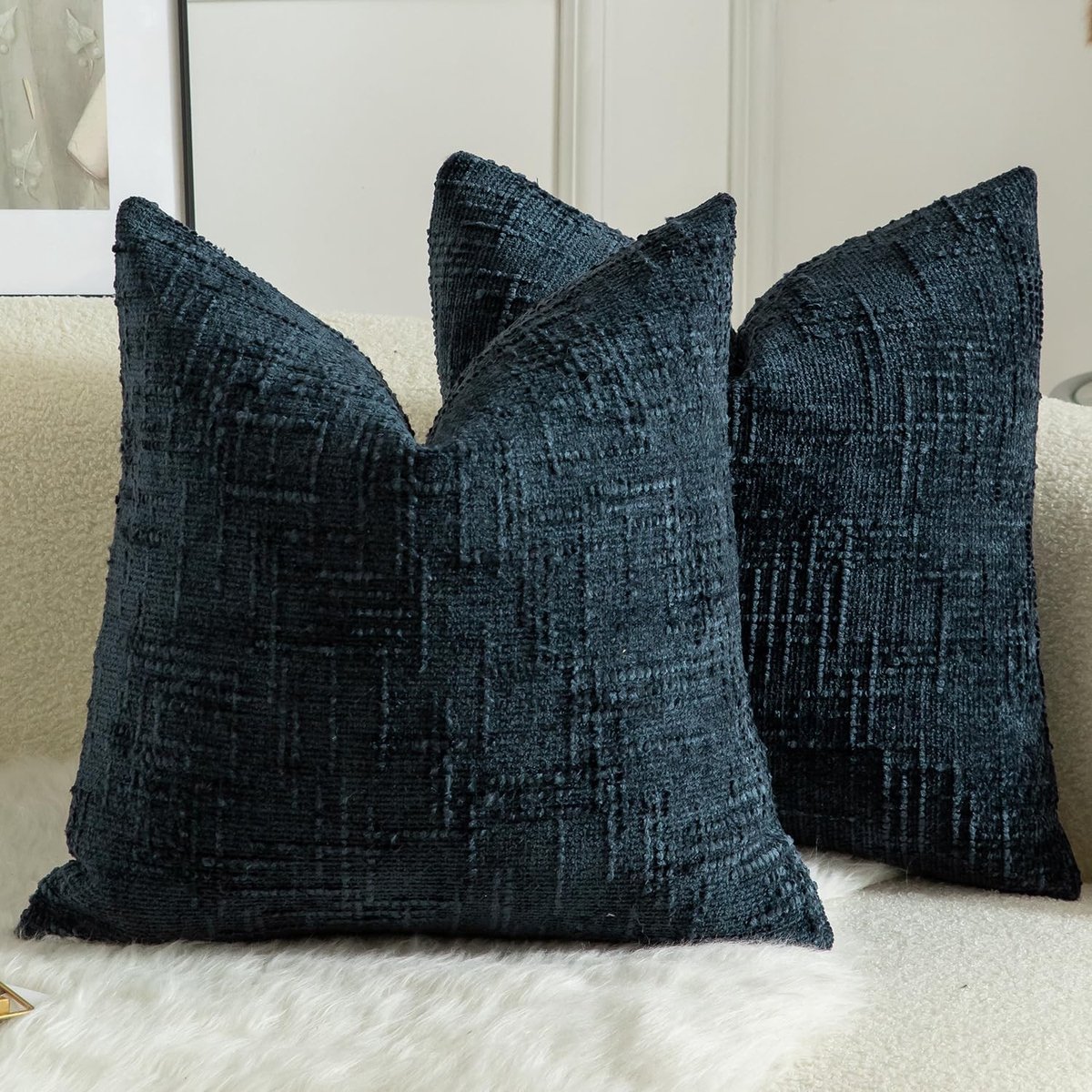 Set van 2 Zachte Chenille Kussenhoezen, Vierkante Decoratieve Kussens voor Bank en Slaapkamer, Cozy Farmhouse Stijl 18 x 16 Inch Donkerblauw