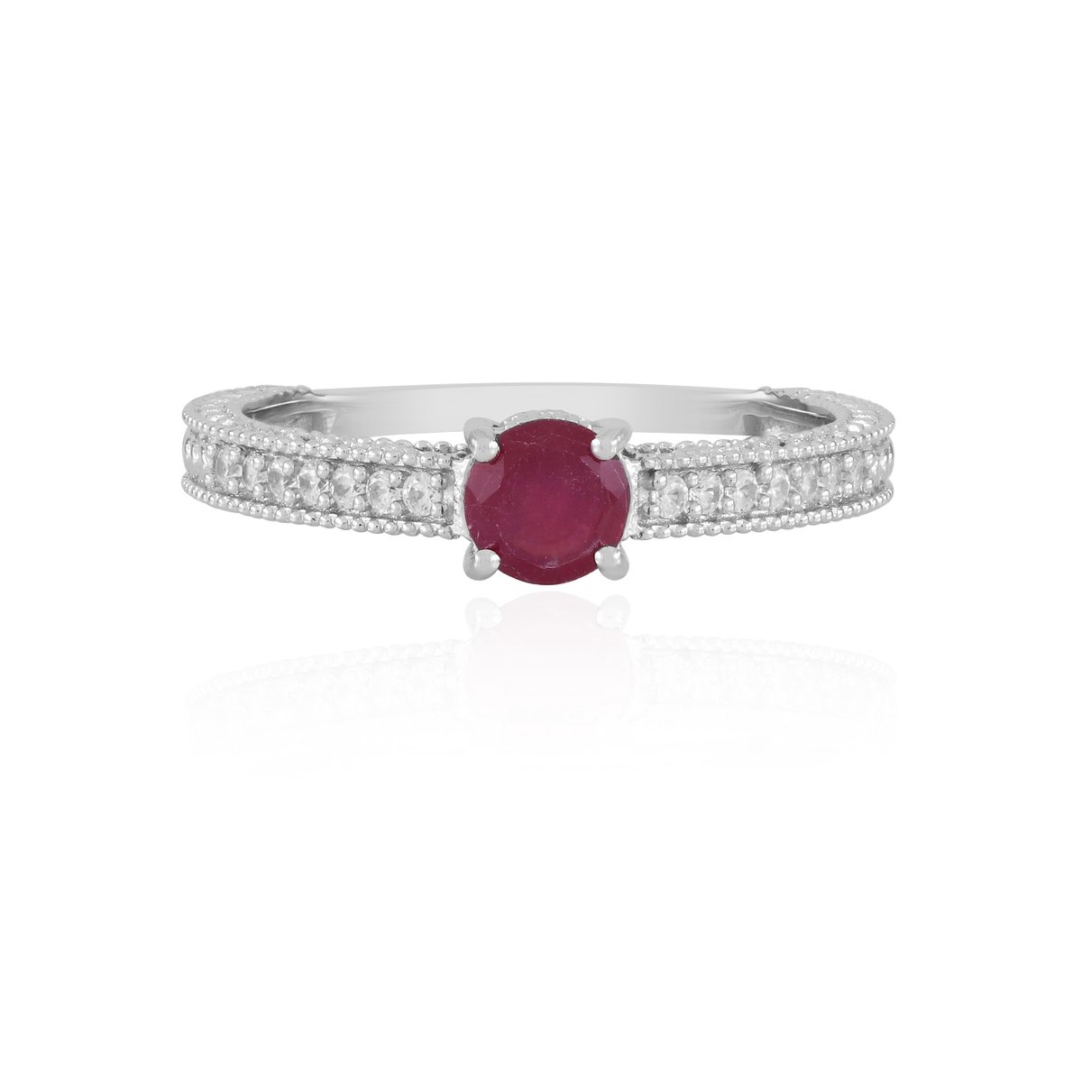 Cavill - Elegante Robijn Ring 0,582 ct met 14 Zirkonia 0,208 ct - 925 Sterling Zilver met Platina Coating - Tijdloos Sieraad