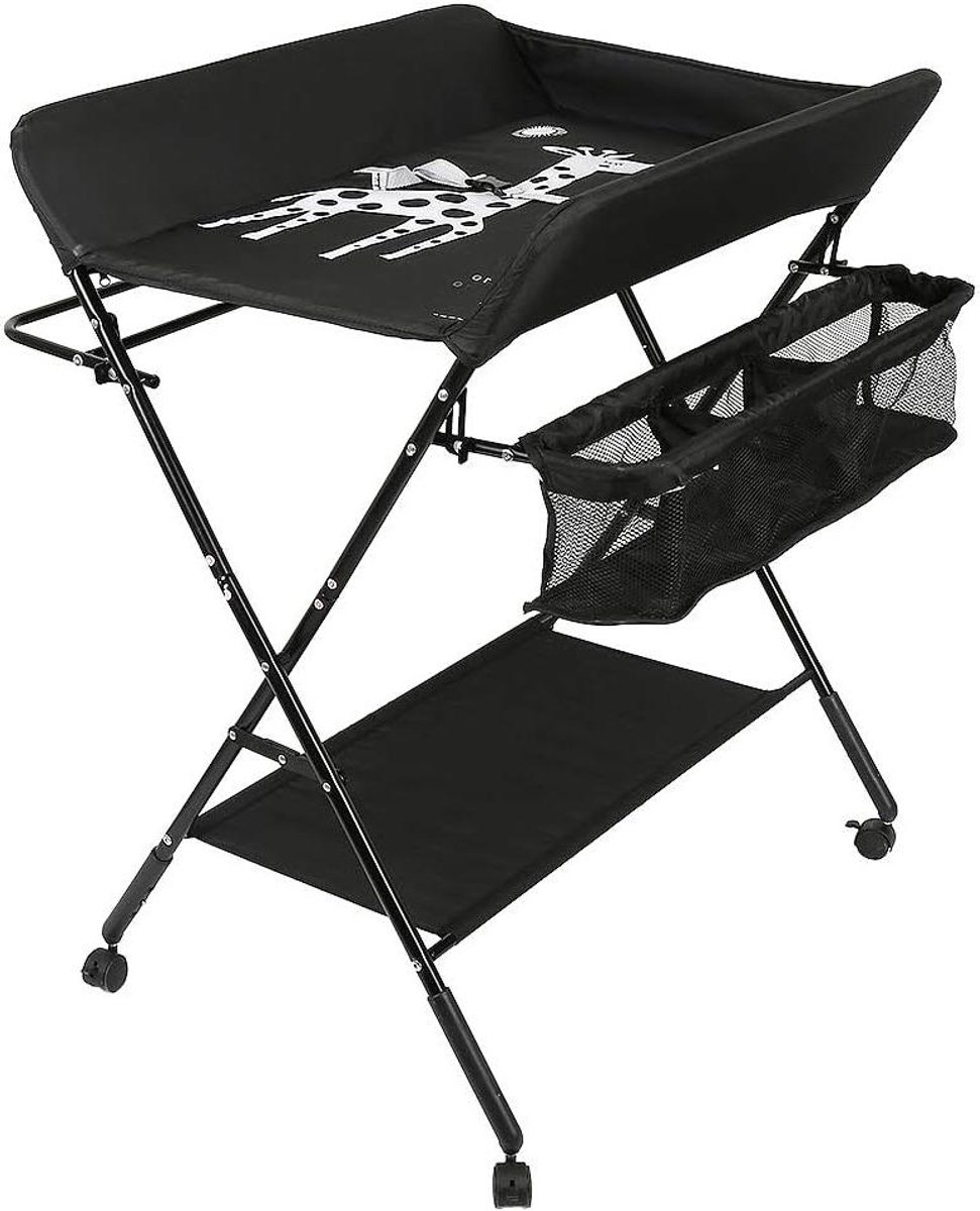 Luiertafel - Commode Verschoontafel - Babyverzorging - Opvouwbaar met wielen - 74 x 63 x 98 cm - Zwart