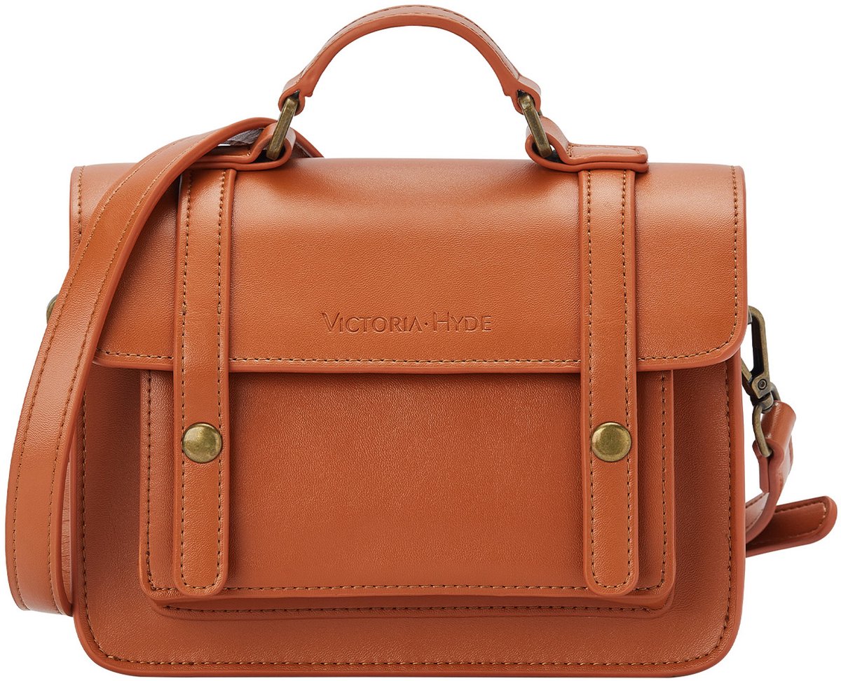 Victoria Hyde "Satchel" - Dames Kleine Schoudertas - Crossbody Tas - dames tas klein - dames tassen schoudertas - cadeau voor vrouw - Damentas - Echt Leer- Versierd met Twee Gouden Knopen - voor Werk en Winkelen - Karamel