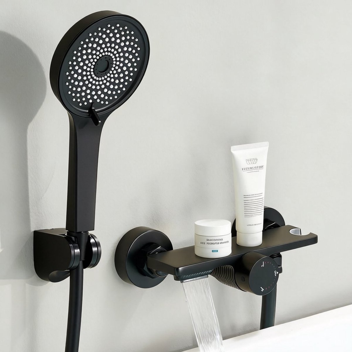 Auralum Max Opbouw Badkraan met Handdouche Complete Set - Zwart - Watervalontwerp - met 5 Functies Handdouche - Met plank - 150 mm Hartafstand - RVS