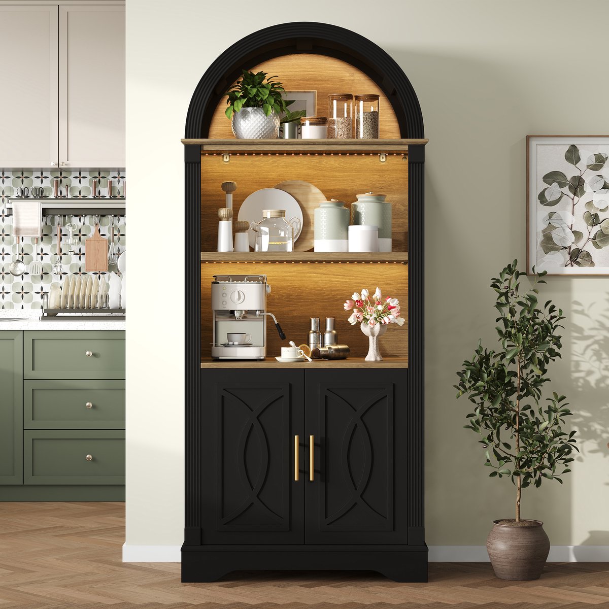 PHOEBE CAT Dressoir - Vitrinekast - Buffetkast - Verstelbare planken - LED-verlichting - Metalen handgrepen - Zwart