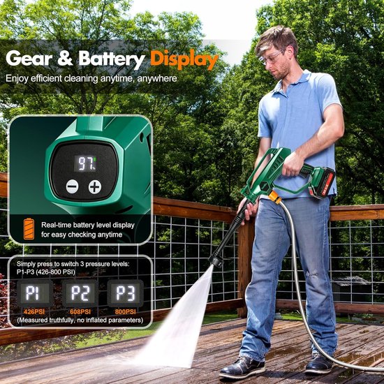 Accu Hogedrukreiniger 800 PSI met 3 Drukstanden - Draadloze Hogedrukspuit met 6-in-1 Sproeikop, Schuimsproeier en 5 Meter Aanzuigslang - Voor Auto, Fiets, Boot, Terras en Tuin — afbeelding 2