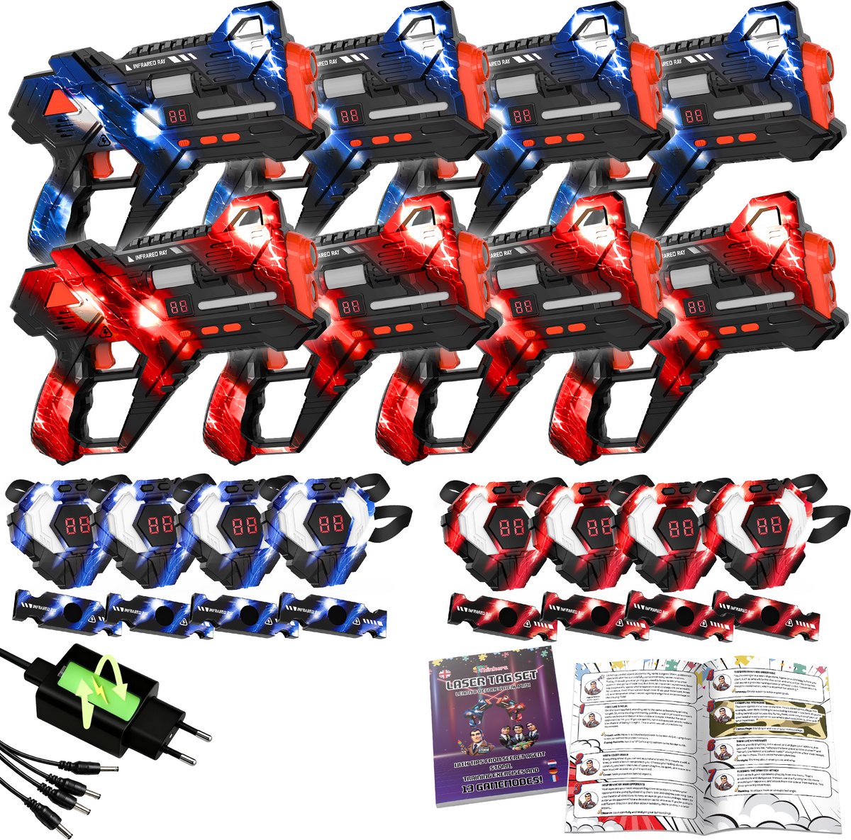 Oplaadbare Lasergame set voor Kinderen + 13 Gamemodes Boekje - 360° sensoren - 8 Persoons Laser Tag Set met 8 Laserguns en Vesten