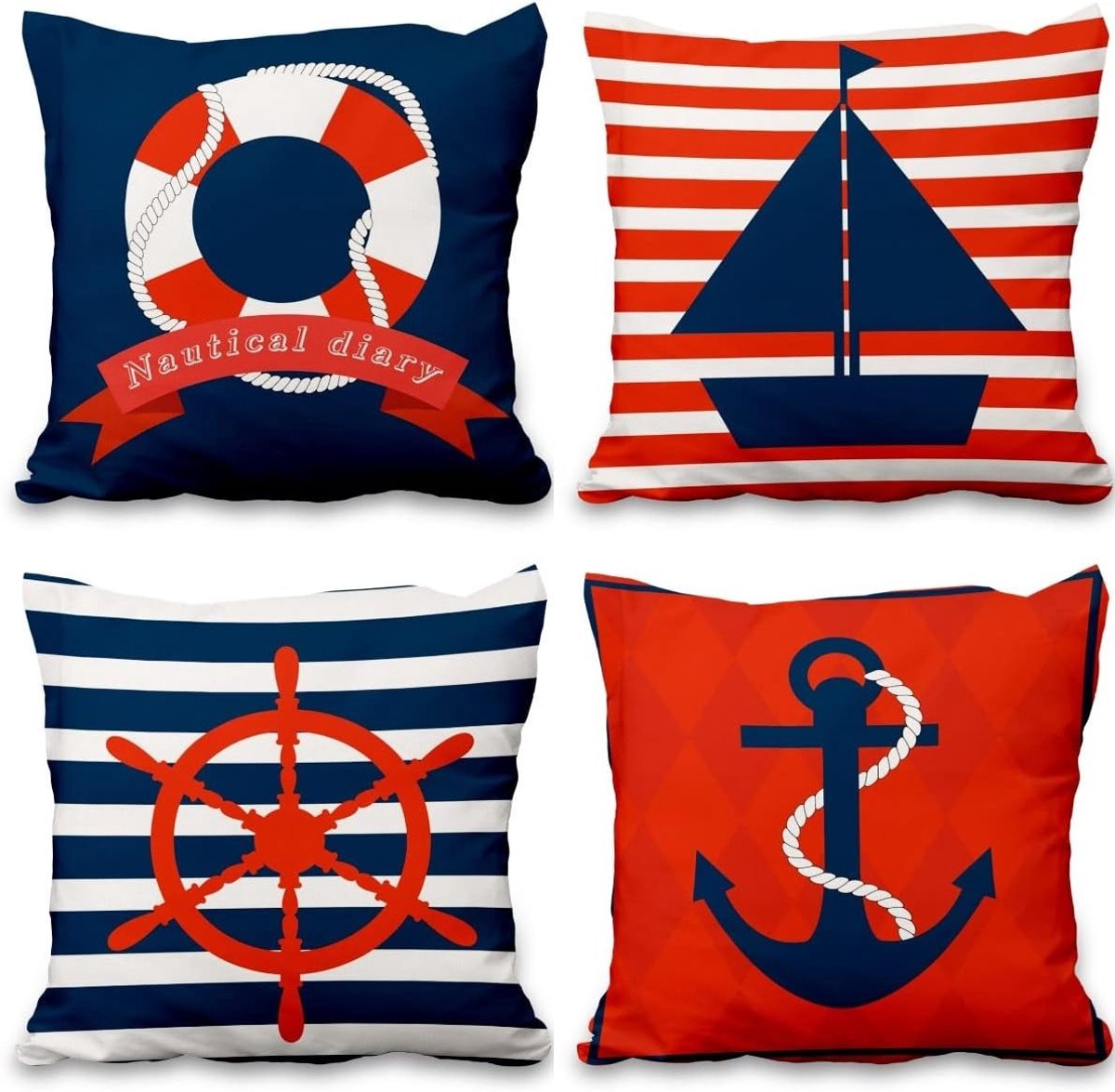 18 x 18 Inch Ocean Kussenhoezen met Nautische Anker en Zeilboot Motief voor Decoratie in Woonkamer, Slaapkamer en Tuin, 46x46cm Set van 2