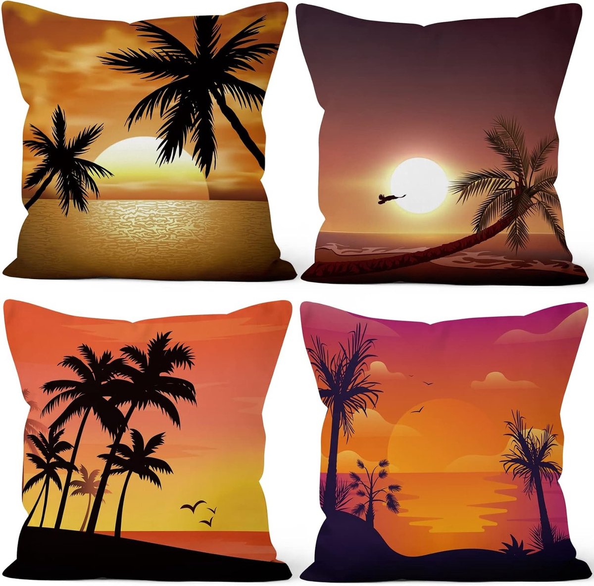 Zomerse Palmboom Sunset Kussenhoezen 40x40cm - Set van 4 Kussenhoezen voor Binnen en Buiten, Perfect voor Tuin, Sofa en Strandstoel
