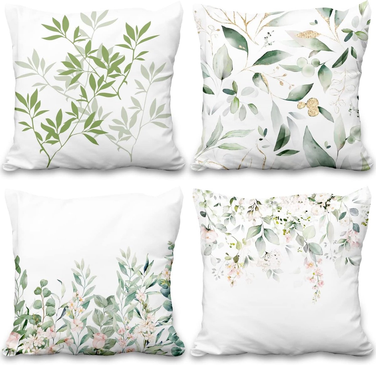 24 x 24 Inch Kussenhoezen met Eucalyptus en Groene Bladeren - Set van 4, Ideaal voor Woonkamer en Buitengebruik, Zachte Pluche Kussens 60x60cm