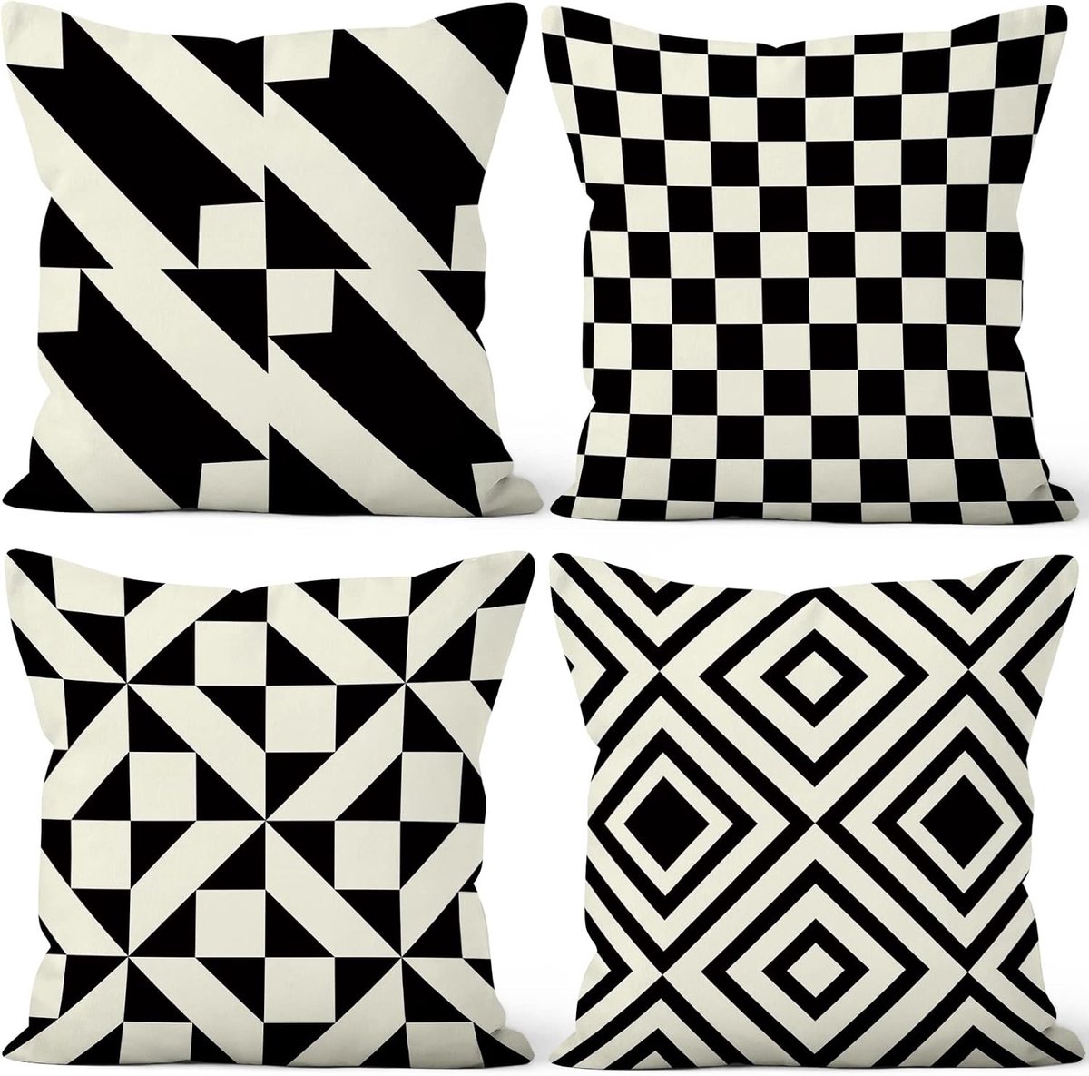 Set van 4 Geometrische Kussenhoezen in Zwart en Wit, Minimalistisch en Zacht, Perfect voor Sofa en Slaapkamer, 20"x20
