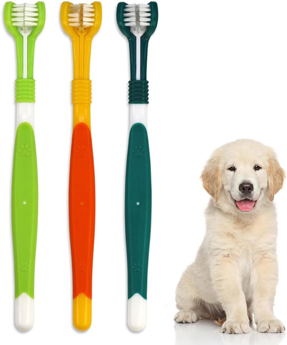 SnelShoppen - 3-Delige Langhandige Tandenborstelset voor Honden en Katten, Zachte Reiniging voor Gezonde Tanden en Frisse Adem, Driehoofd Tandenborste
