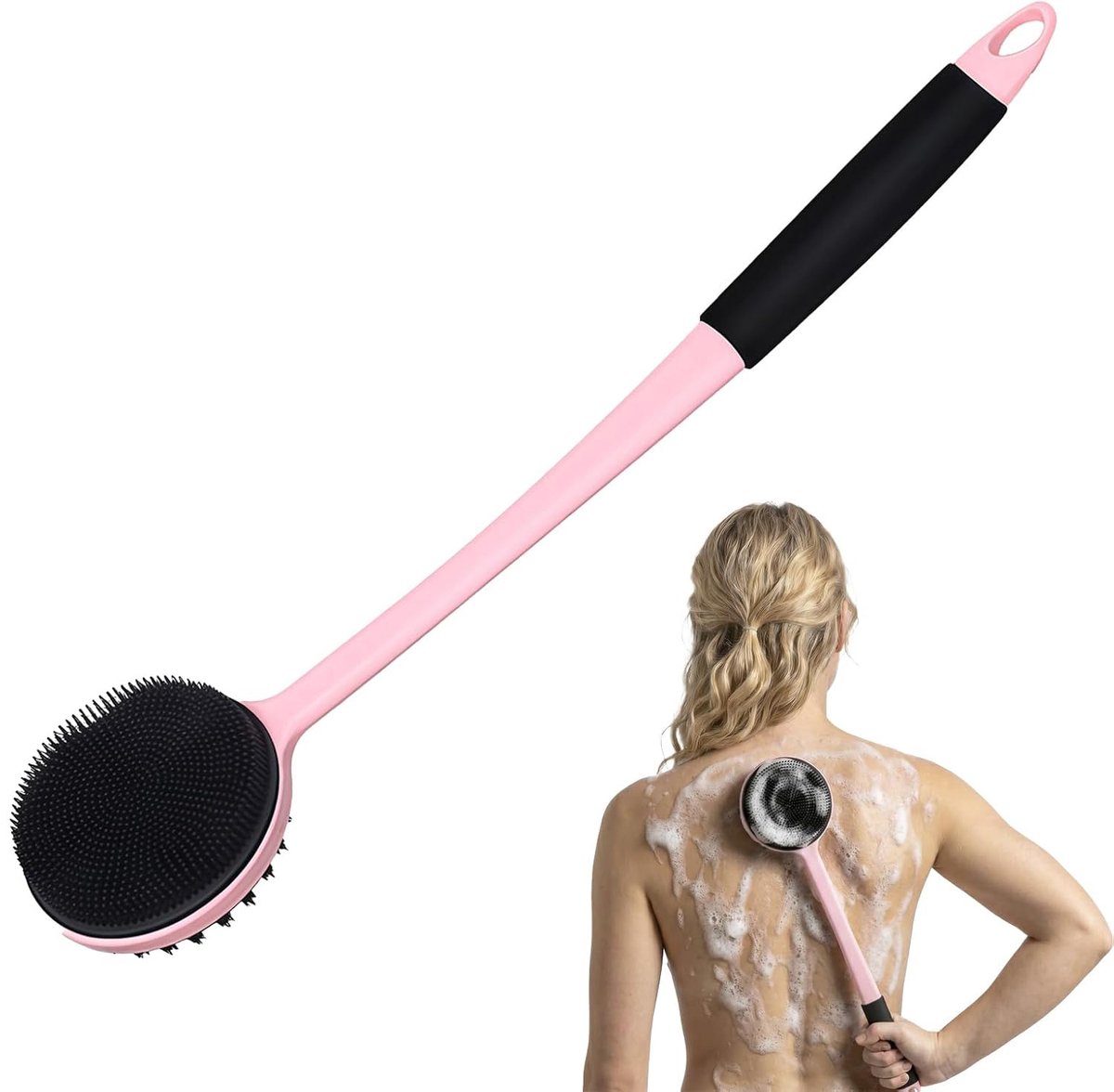 Rugkrabber - Rugborstel - Badborstel rugborstel lange steel -Rugborstel voor onder de douche - Exfoliërende lichaamsborstel voor de gevoelige huid - bereikt moeilijk bereikbare plekken - roze
