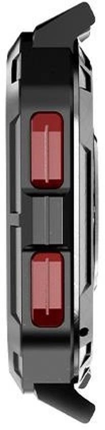 Zijkant van een zwarte smartwatch met rode knoppen.