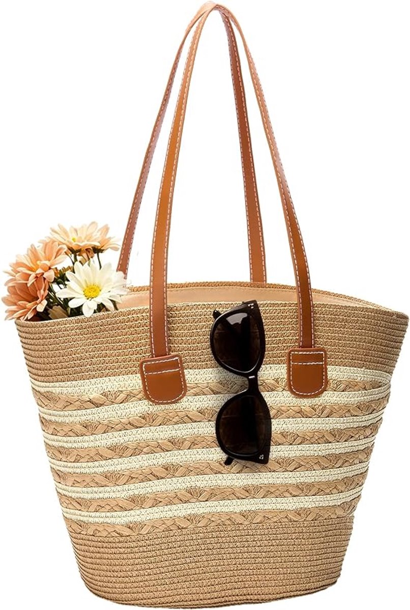 Strandtas - Strandtas riet - Grote strooien strandtas voor dames - Tote -schoudertas voor strandvakanties en reizen
