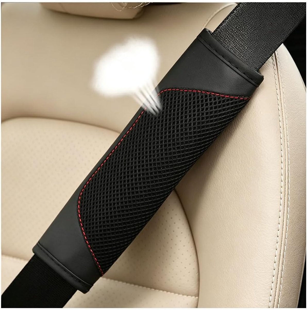 Autogordel Schouderkussen - 2 Stuks - Zwart - Mesh en Lederlook - Klittenband Sluiting - Universeel voor Auto - SUV en Bestelwagen