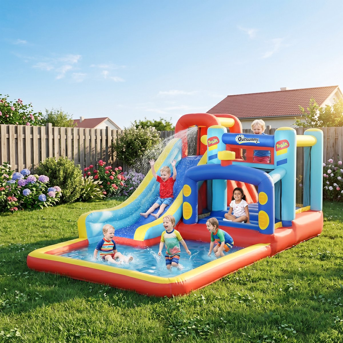Sogiol® Springkussens - Opblaasbaar springkasteel - met blower, glijbaan, trampoline, zwembad en draagtas - van 3-8 jaar 435x245x200 cm - Max. belastbaar gewicht90㎏