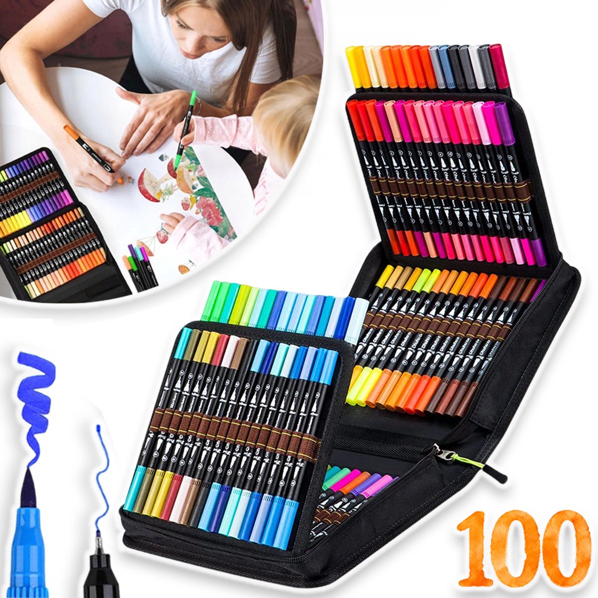 100-Kleuren Aquarelmarkers Met Dubbele Punt - Fijne En Penseelpunt Zuurvrij Afwasbaar Soepel Glijdend - Ideaal Voor Kalligrafie Dagboekschrijven Manga En Doe-Het-Zelf Kunst