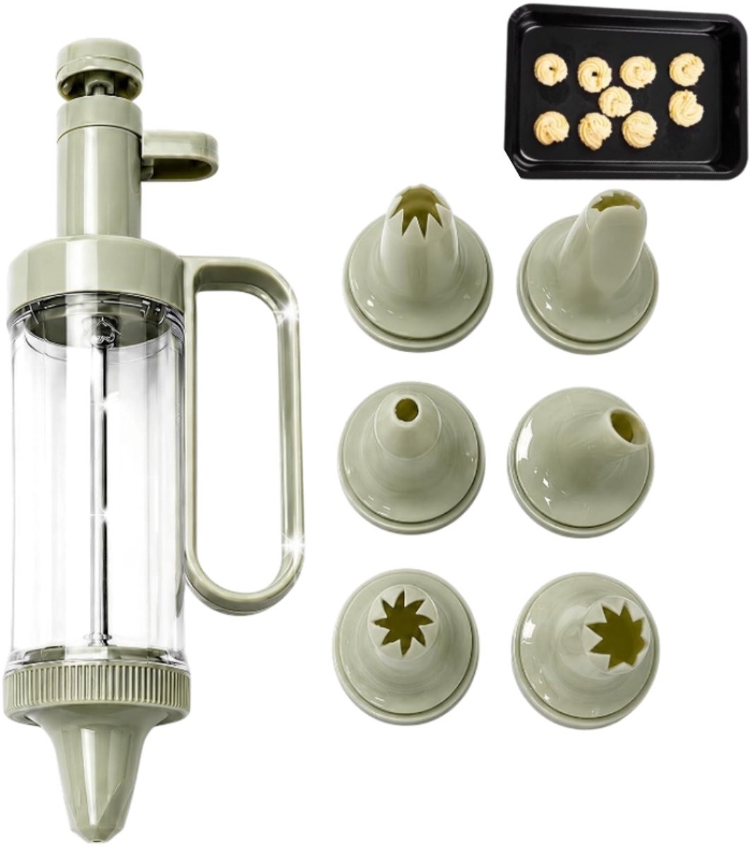Spuitpistool - Boterpistool - Taartdecoratieset - Glazuurdispenser - 6 spuitmondjes - Bakgereedschap - Geschikt voor taartdecoratie en koekjes bakken - Groen - 19*5 cm