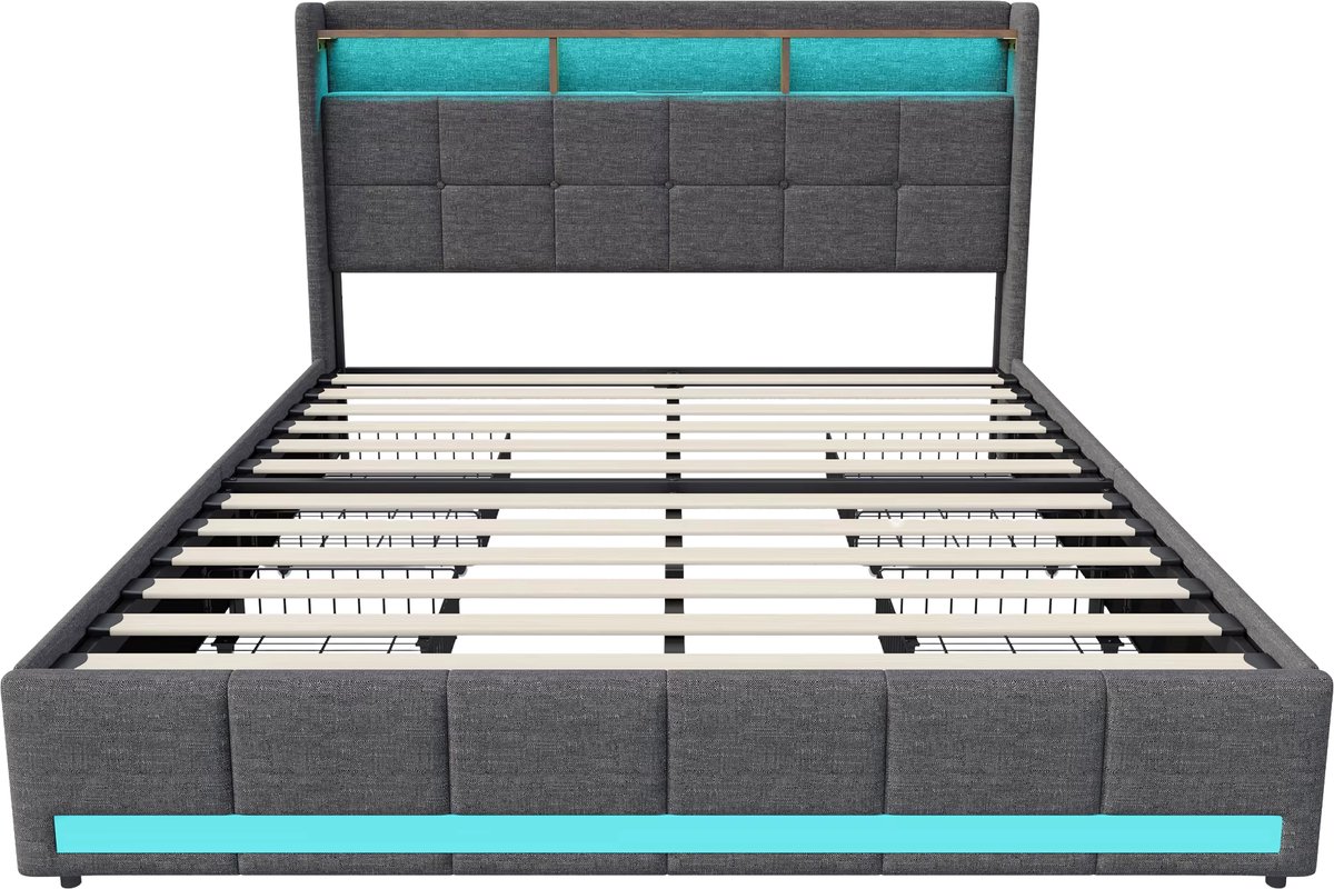 Gestoffeerd Tweepersoonsbed 180x200 cm Grijs - met LED Verlichting, Opbergruimte