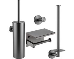 Toiletaccessoireset Gun Metal 4-delig - Toiletborstelhouder - Toiletrolhouder met plankje - Handdoekhaak - Reserverolhouder - Geborsteld Gunmetal PVD