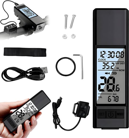 3-in-1 LED-fietslamp - 2000 mAh - Drie lichtstanden - Met afstandsbediening - Fietsclaxon met verlichting - Draadloze snelheidsmeter - Geschikt voor mountainbikes en racefietsen - Zwart — afbeelding 5