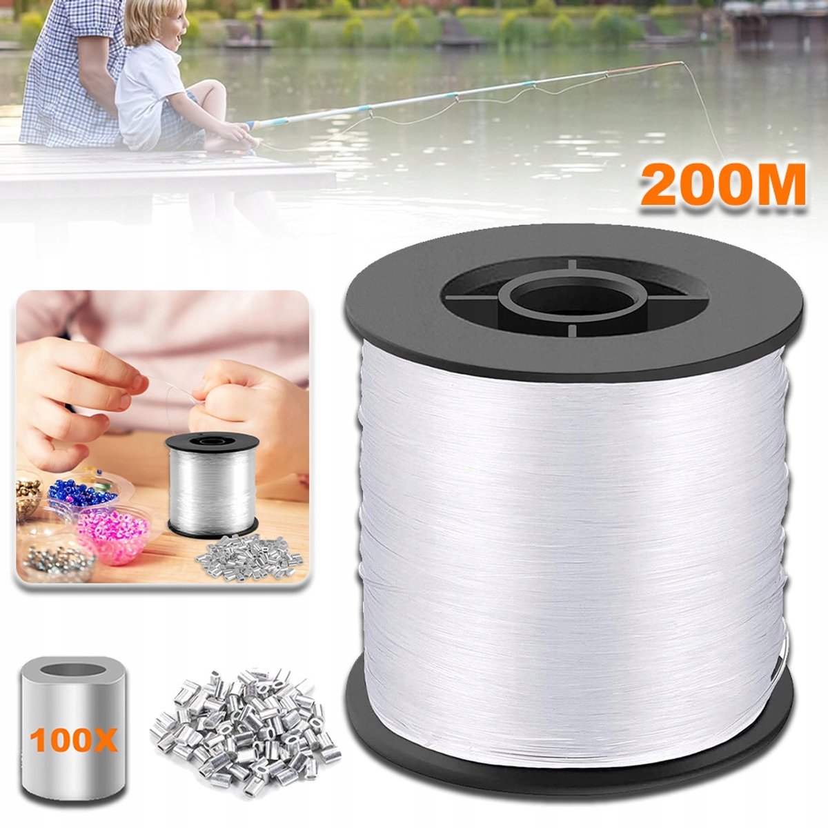 200 Meter Onzichtbaar Nylondraad Met 100 Krimphulzen - 0,8 mm 26 kg Draagvermogen Transparant - Perfect Voor Knutselen Kerstverlichting Plantensteunen En Vissen