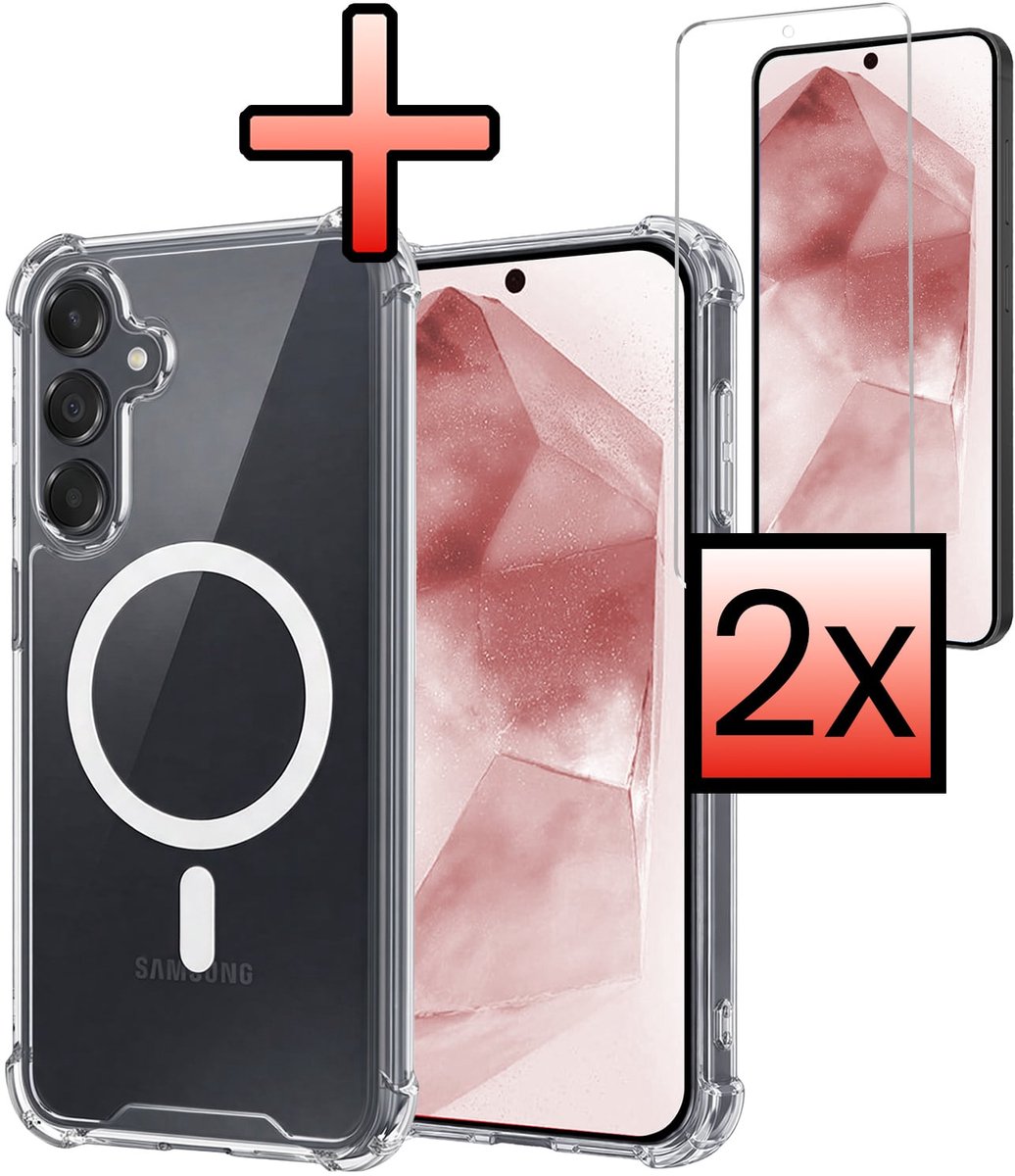 Hoesje - Met 2x Screenprotector - Geschikt voor Samsung Galaxy A55 - Magsafe Compatible - Sterk & Shockproof - Back Cover - Shock Proof Case - Telefoon Hoes - Transparant
